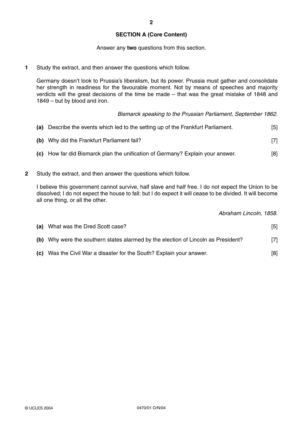Cambridge IGCSE History 0470 2004 Oct/Nov Paper 1 · Variant 1 question paper, page 2 of 20
