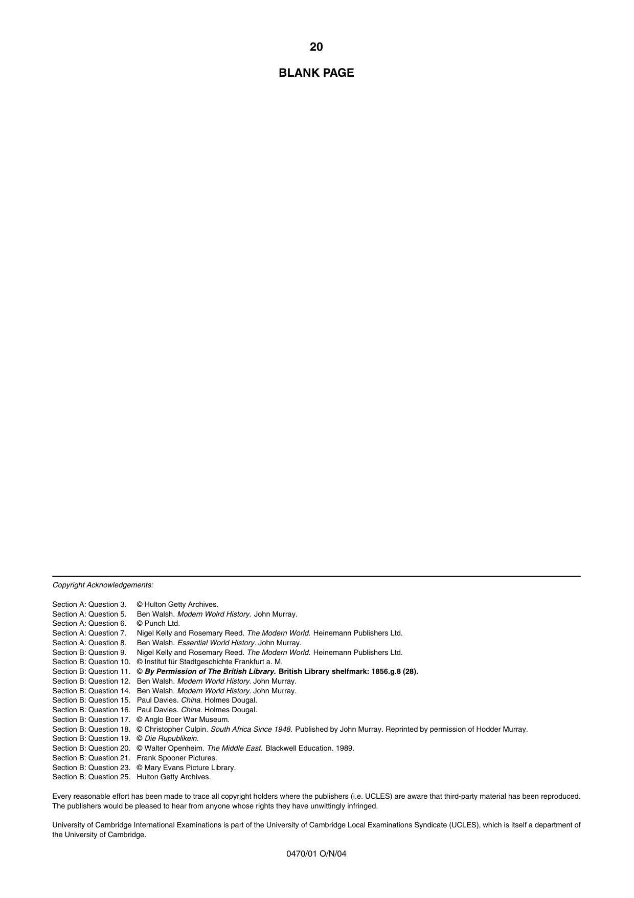 Cambridge IGCSE History 0470 2004 Oct/Nov Paper 1 · Variant 1 question paper, page 20 of 20