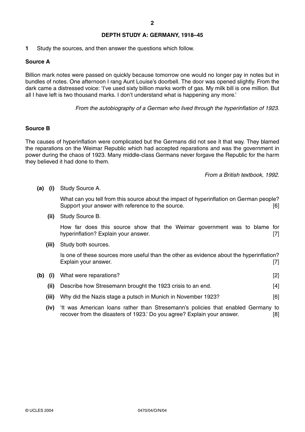 Cambridge IGCSE History 0470 2004 Oct/Nov Paper 4 · Variant 1 question paper, page 2 of 12