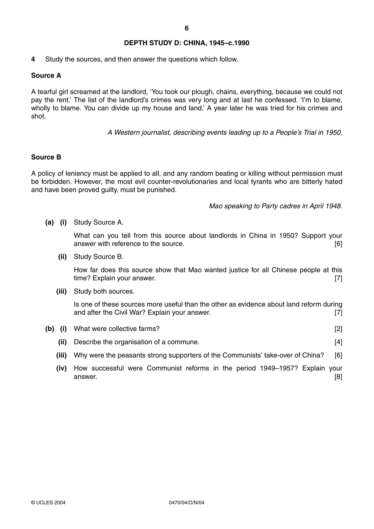 Cambridge IGCSE History 0470 2004 Oct/Nov Paper 4 · Variant 1 question paper, page 6 of 12