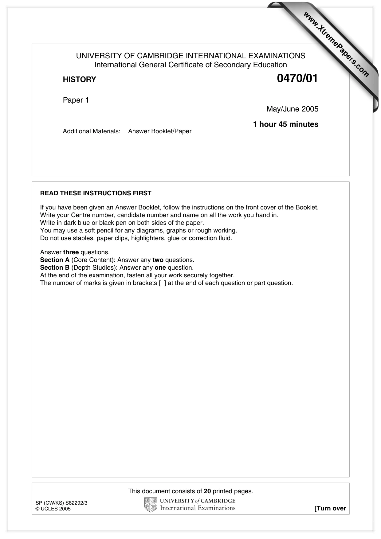 Cambridge IGCSE History 0470 2005 May/June Paper 1 · Variant 1 question paper, page 1 of 20