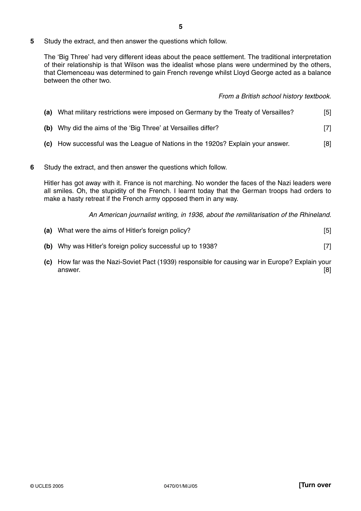 Cambridge IGCSE History 0470 2005 May/June Paper 1 · Variant 1 question paper, page 5 of 20