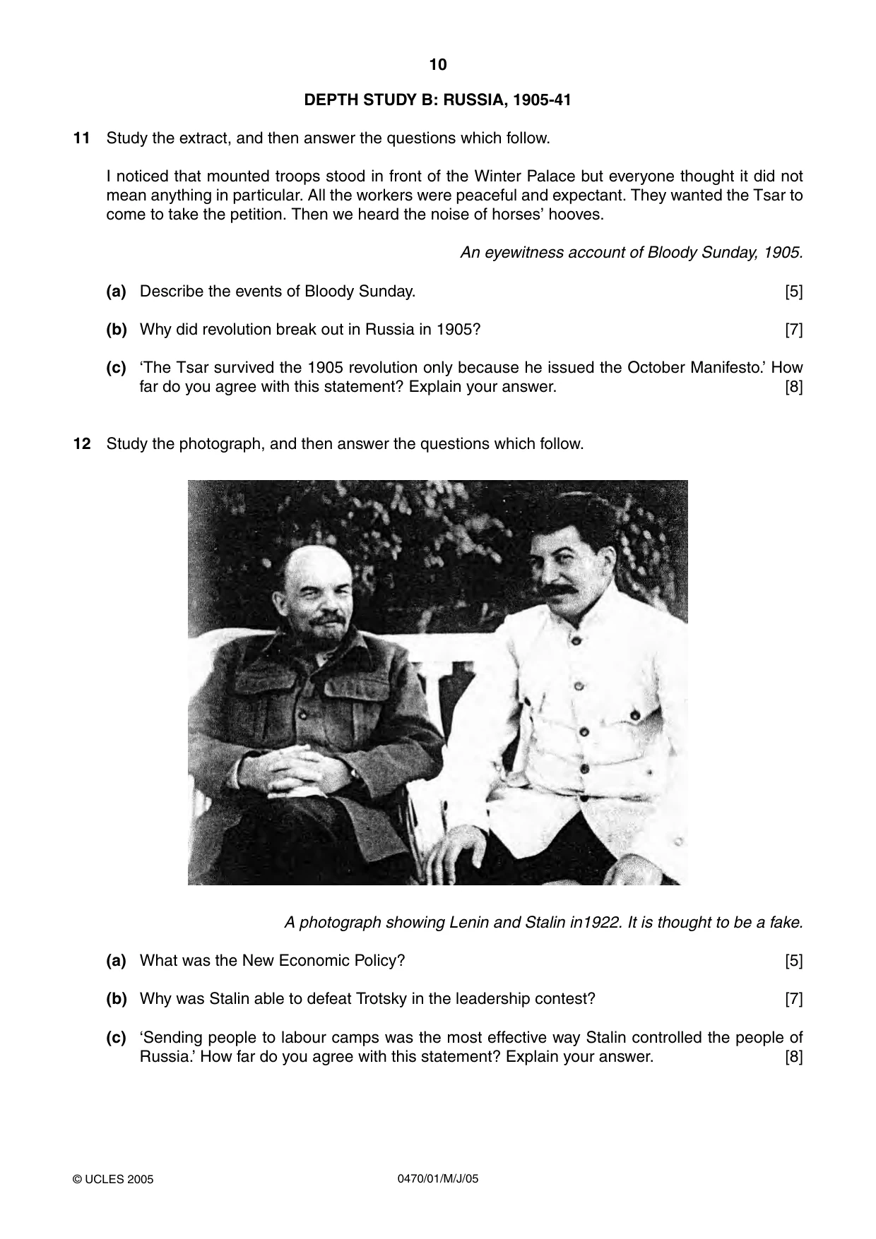 Cambridge IGCSE History 0470 2005 May/June Paper 1 · Variant 1 question paper, page 10 of 20