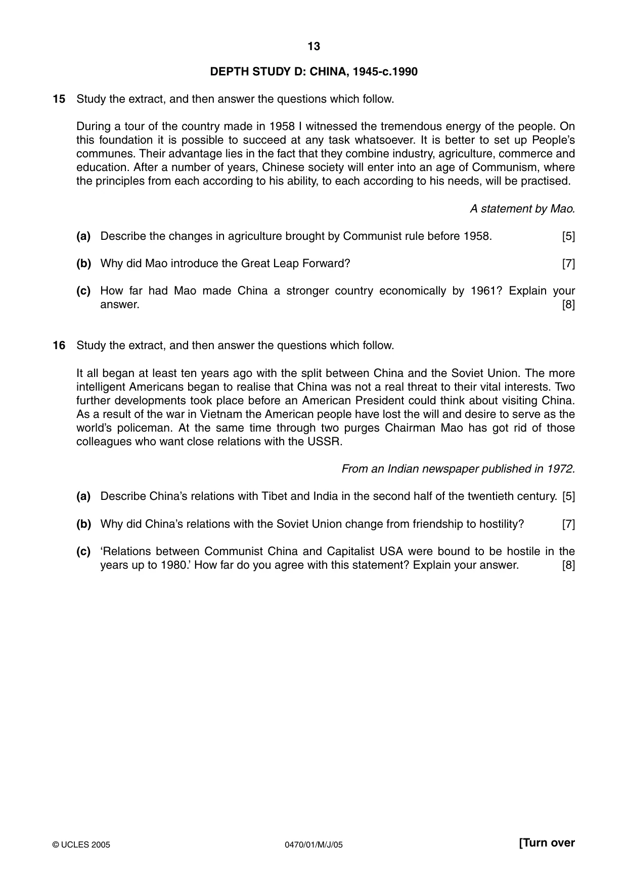 Cambridge IGCSE History 0470 2005 May/June Paper 1 · Variant 1 question paper, page 13 of 20