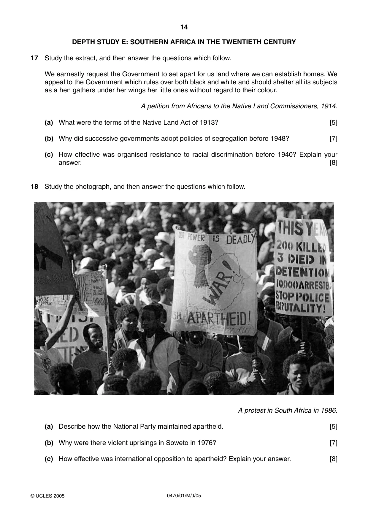 Cambridge IGCSE History 0470 2005 May/June Paper 1 · Variant 1 question paper, page 14 of 20