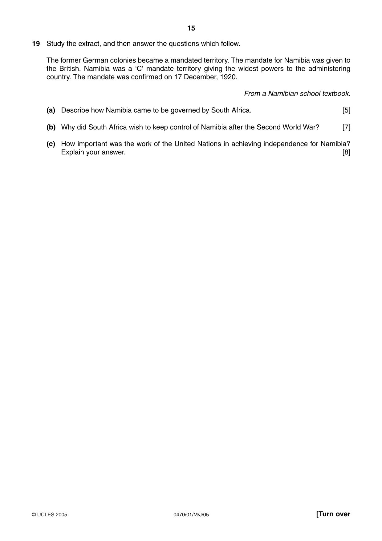 Cambridge IGCSE History 0470 2005 May/June Paper 1 · Variant 1 question paper, page 15 of 20