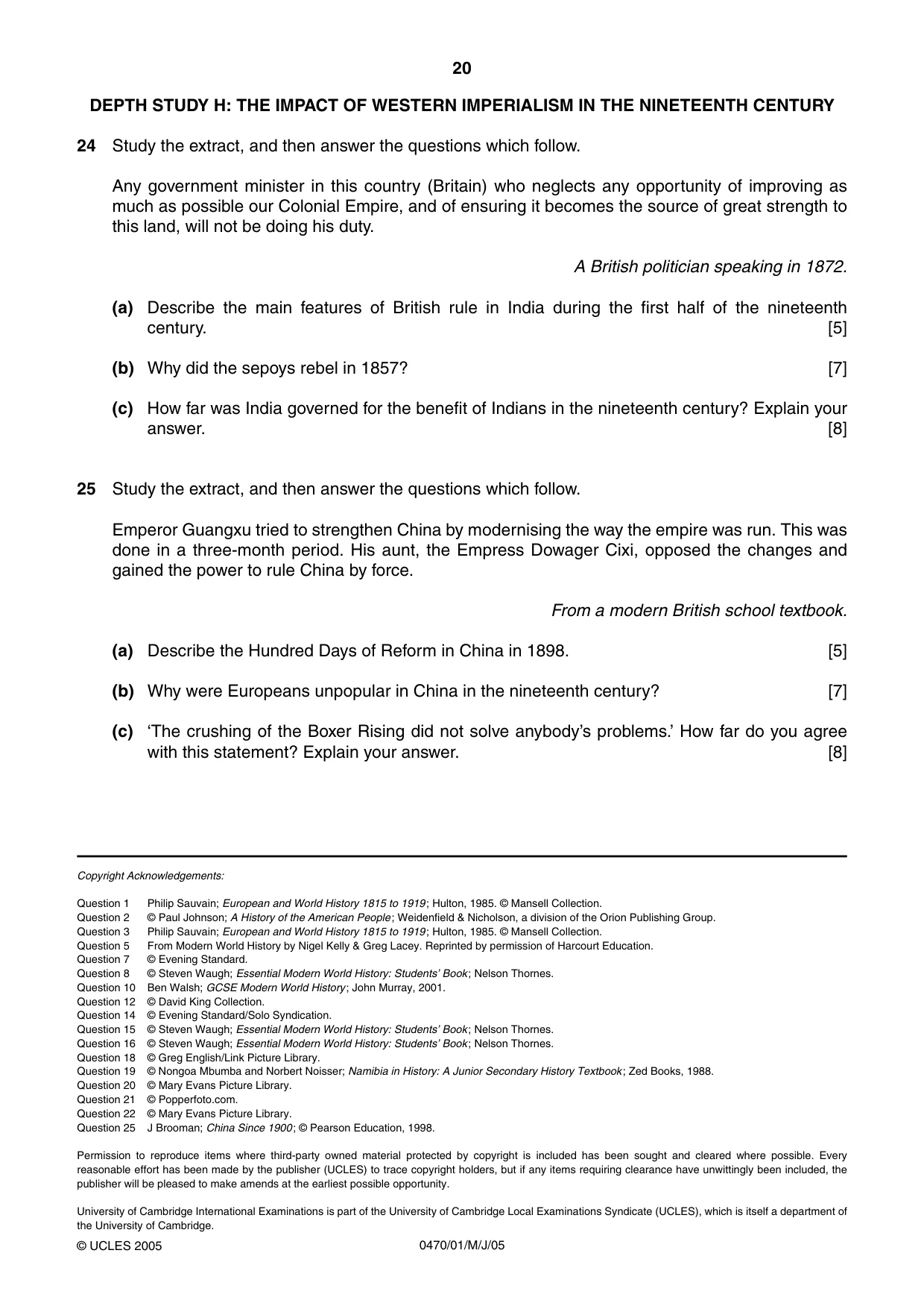 Cambridge IGCSE History 0470 2005 May/June Paper 1 · Variant 1 question paper, page 20 of 20
