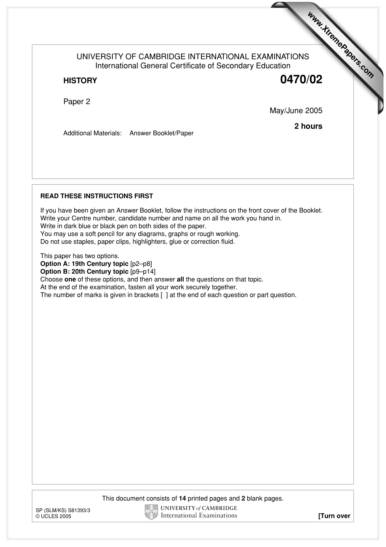 Cambridge IGCSE History 0470 2005 May/June Paper 2 · Variant 1 question paper, page 1 of 16