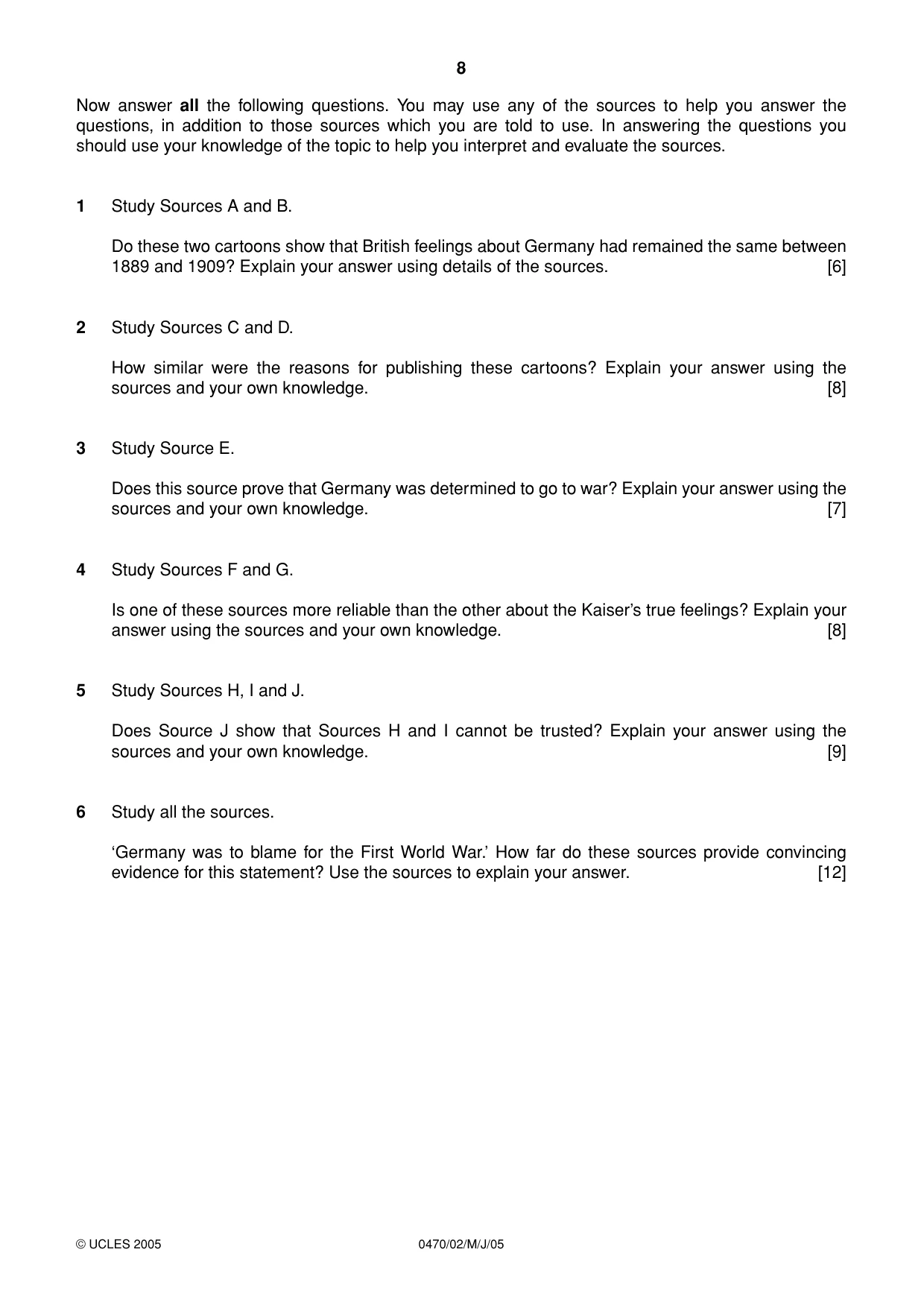 Cambridge IGCSE History 0470 2005 May/June Paper 2 · Variant 1 question paper, page 8 of 16