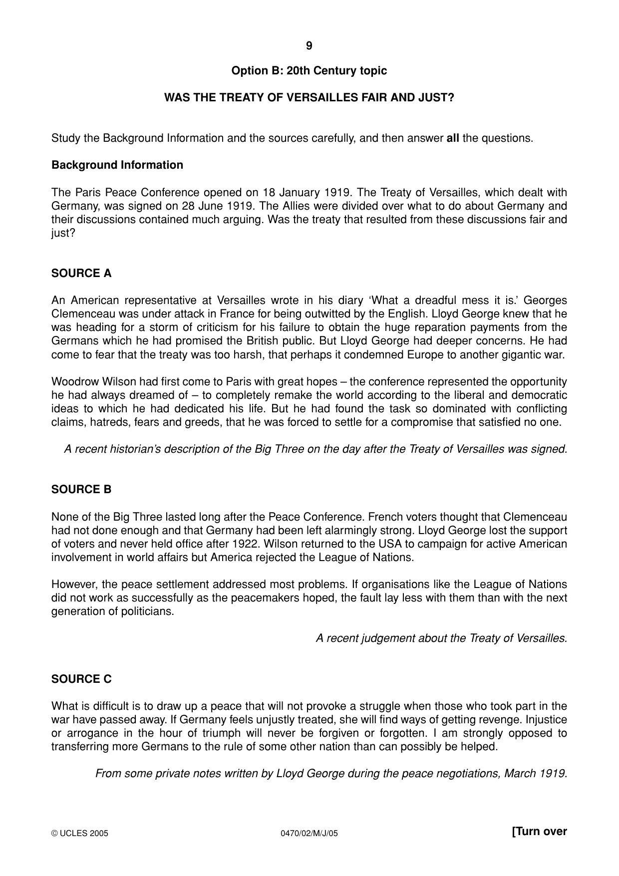 Cambridge IGCSE History 0470 2005 May/June Paper 2 · Variant 1 question paper, page 9 of 16