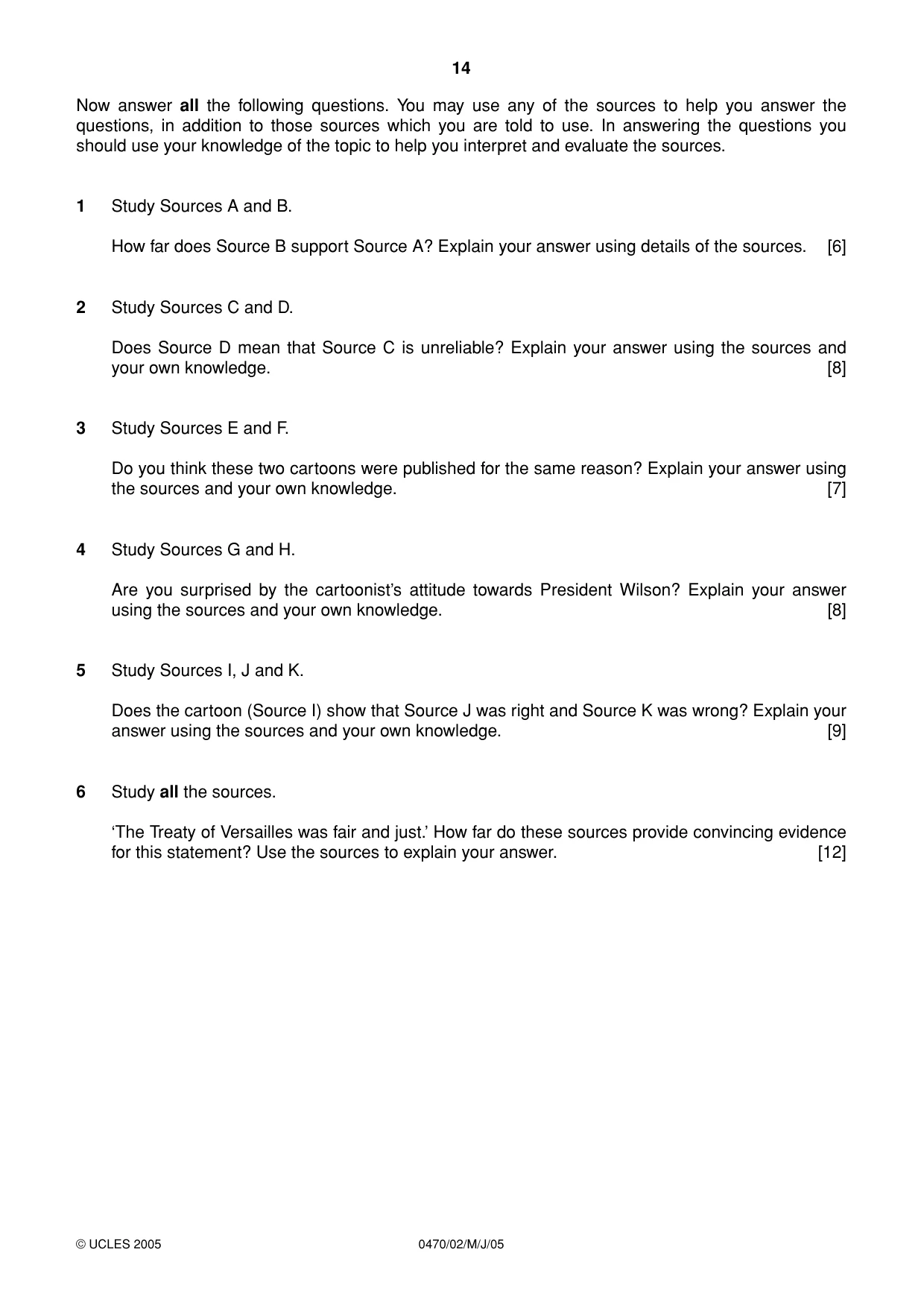 Cambridge IGCSE History 0470 2005 May/June Paper 2 · Variant 1 question paper, page 14 of 16