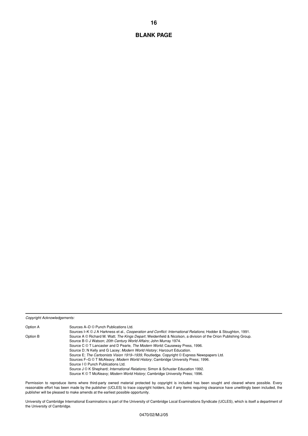 Cambridge IGCSE History 0470 2005 May/June Paper 2 · Variant 1 question paper, page 16 of 16