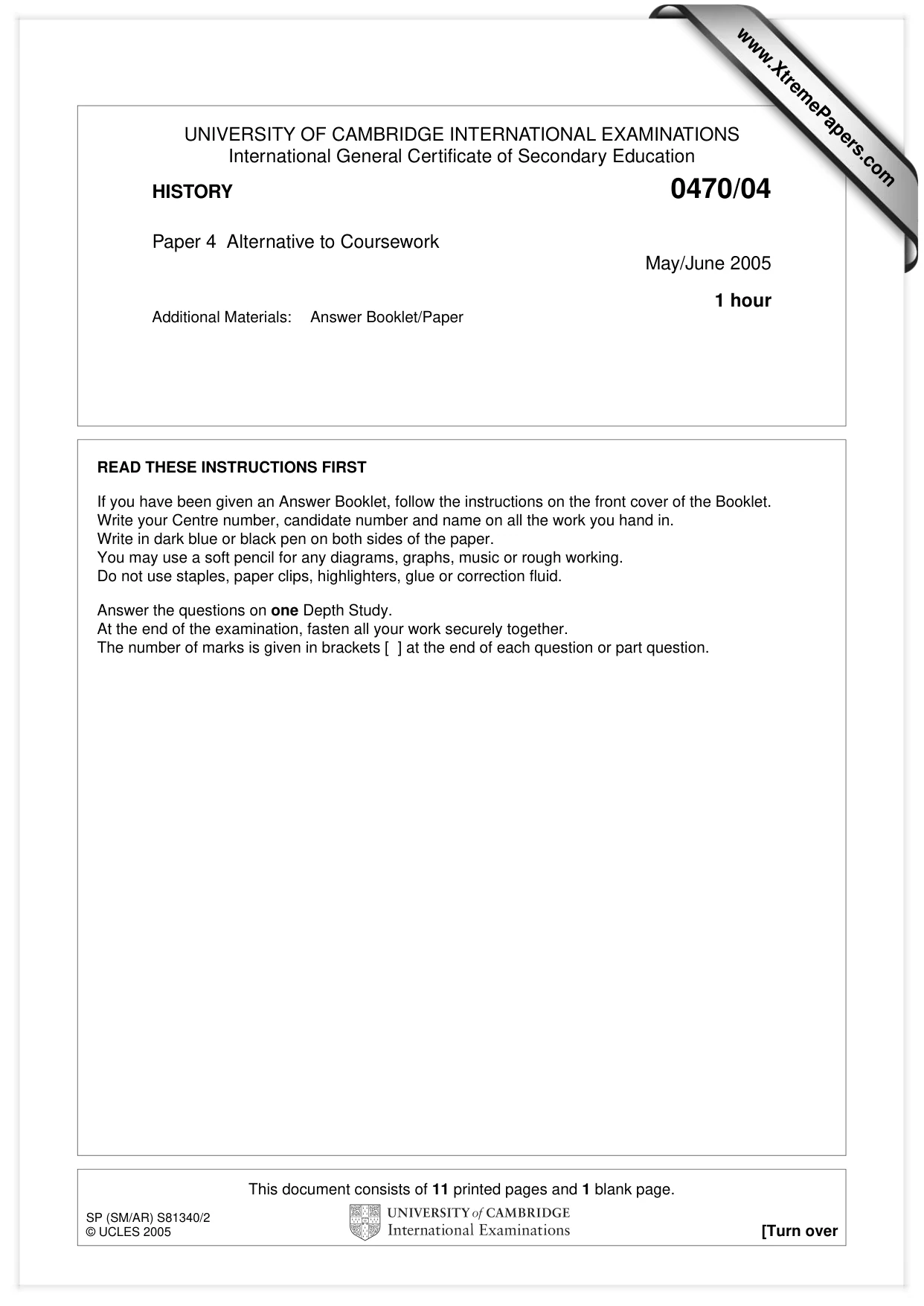 Cambridge IGCSE History 0470 2005 May/June Paper 4 · Variant 1 question paper, page 1 of 12