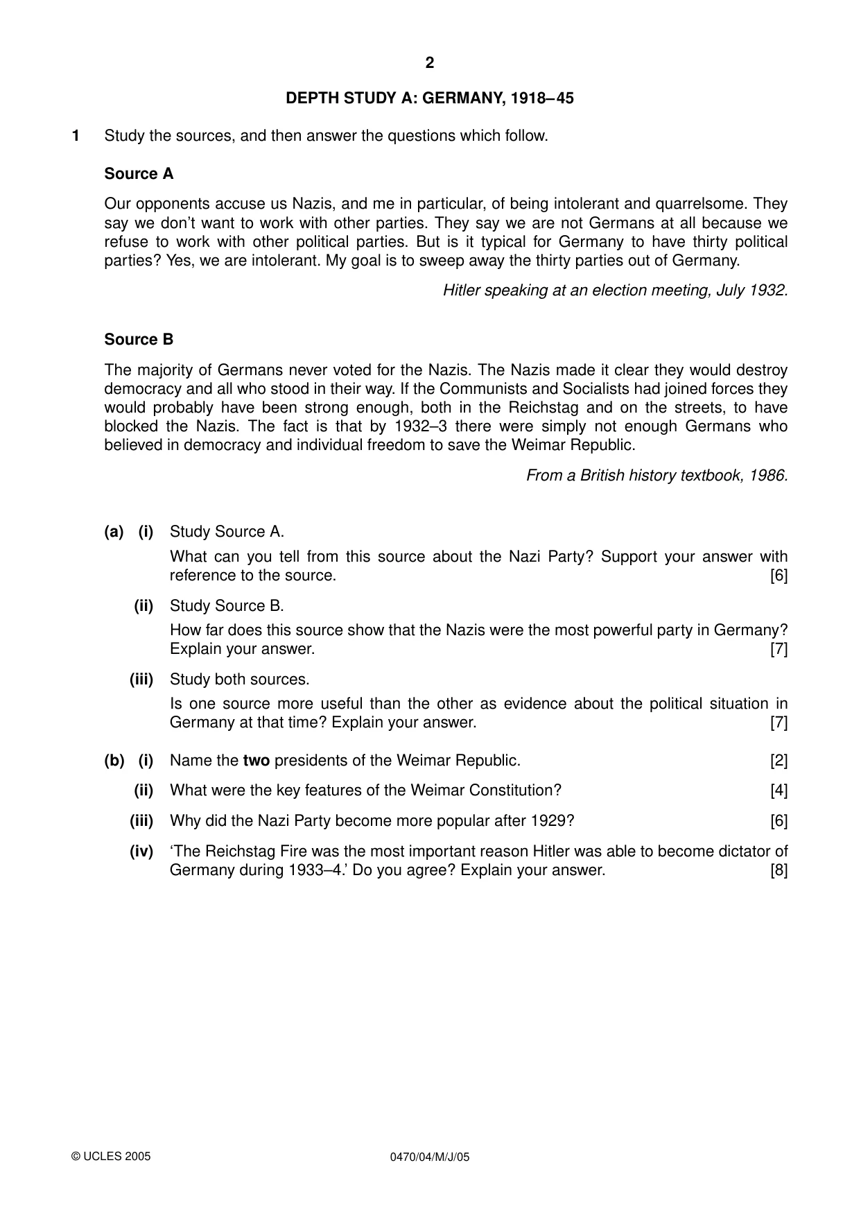 Cambridge IGCSE History 0470 2005 May/June Paper 4 · Variant 1 question paper, page 2 of 12