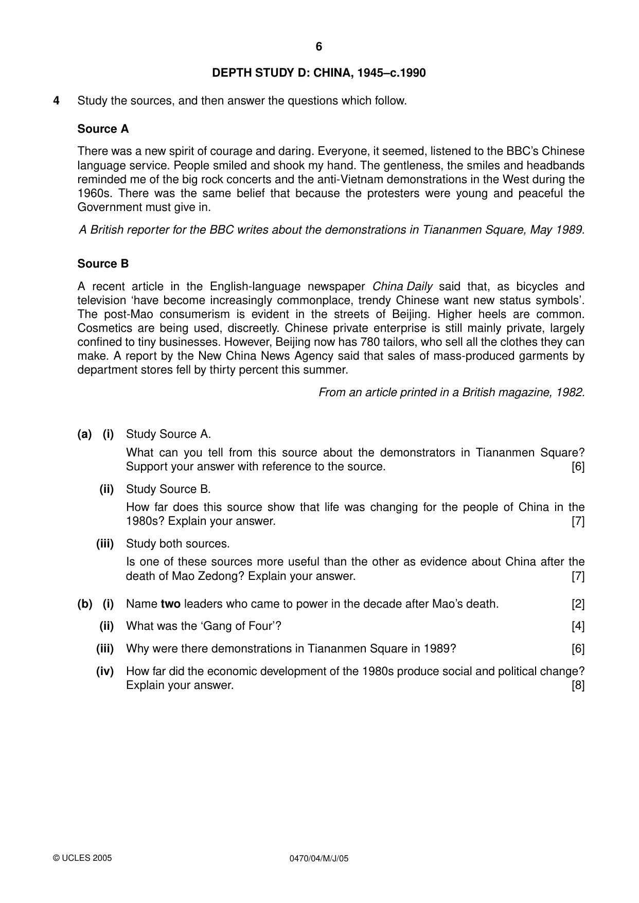 Cambridge IGCSE History 0470 2005 May/June Paper 4 · Variant 1 question paper, page 6 of 12