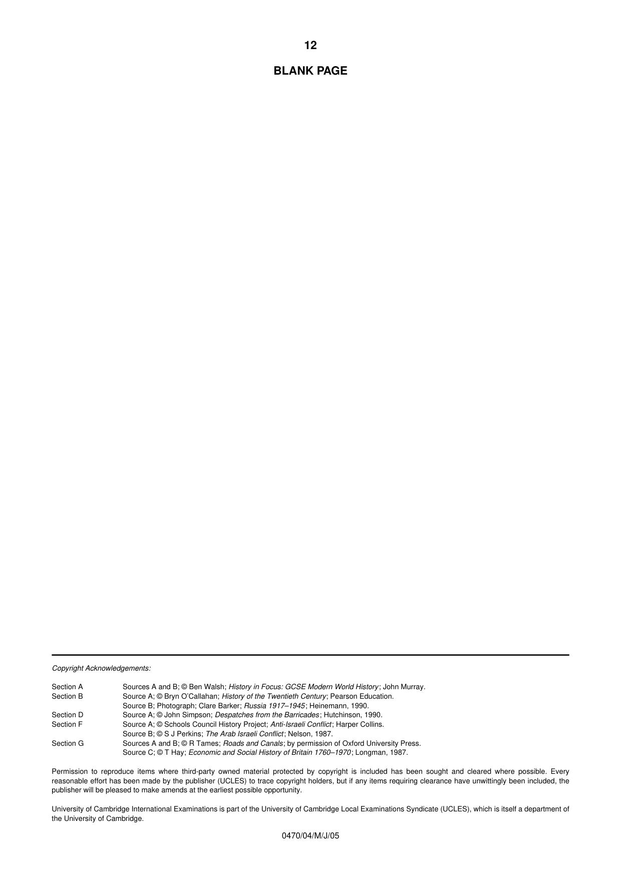 Cambridge IGCSE History 0470 2005 May/June Paper 4 · Variant 1 question paper, page 12 of 12