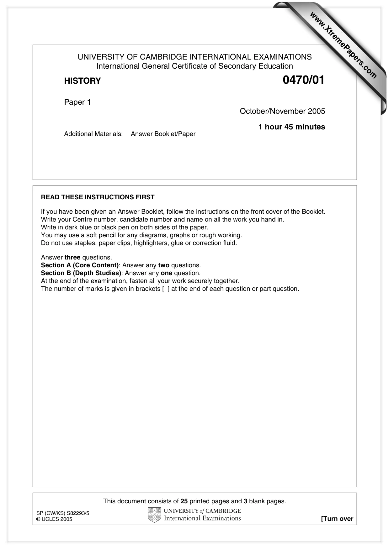 Cambridge IGCSE History 0470 2005 Oct/Nov Paper 1 · Variant 1 question paper, page 1 of 28