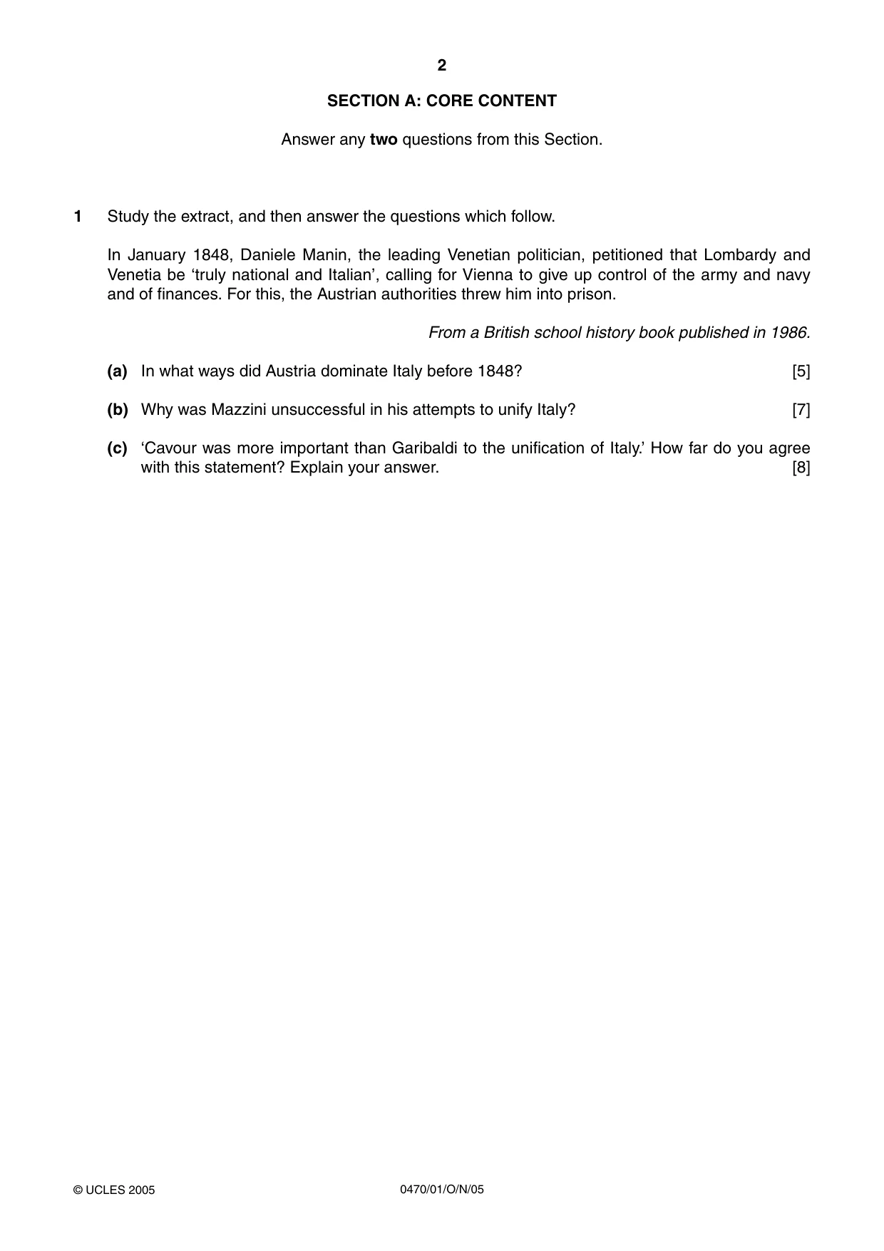 Cambridge IGCSE History 0470 2005 Oct/Nov Paper 1 · Variant 1 question paper, page 2 of 28