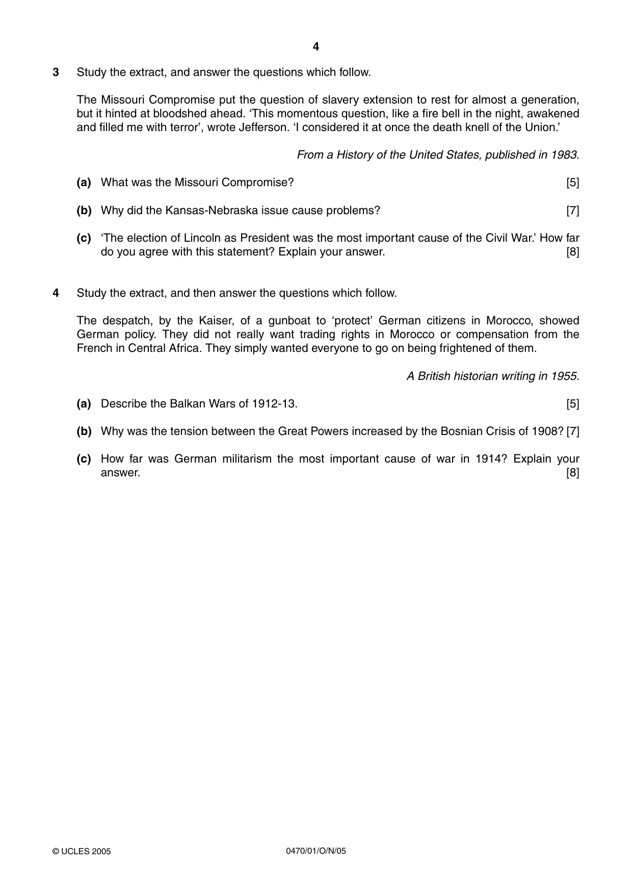 Cambridge IGCSE History 0470 2005 Oct/Nov Paper 1 · Variant 1 question paper, page 4 of 28