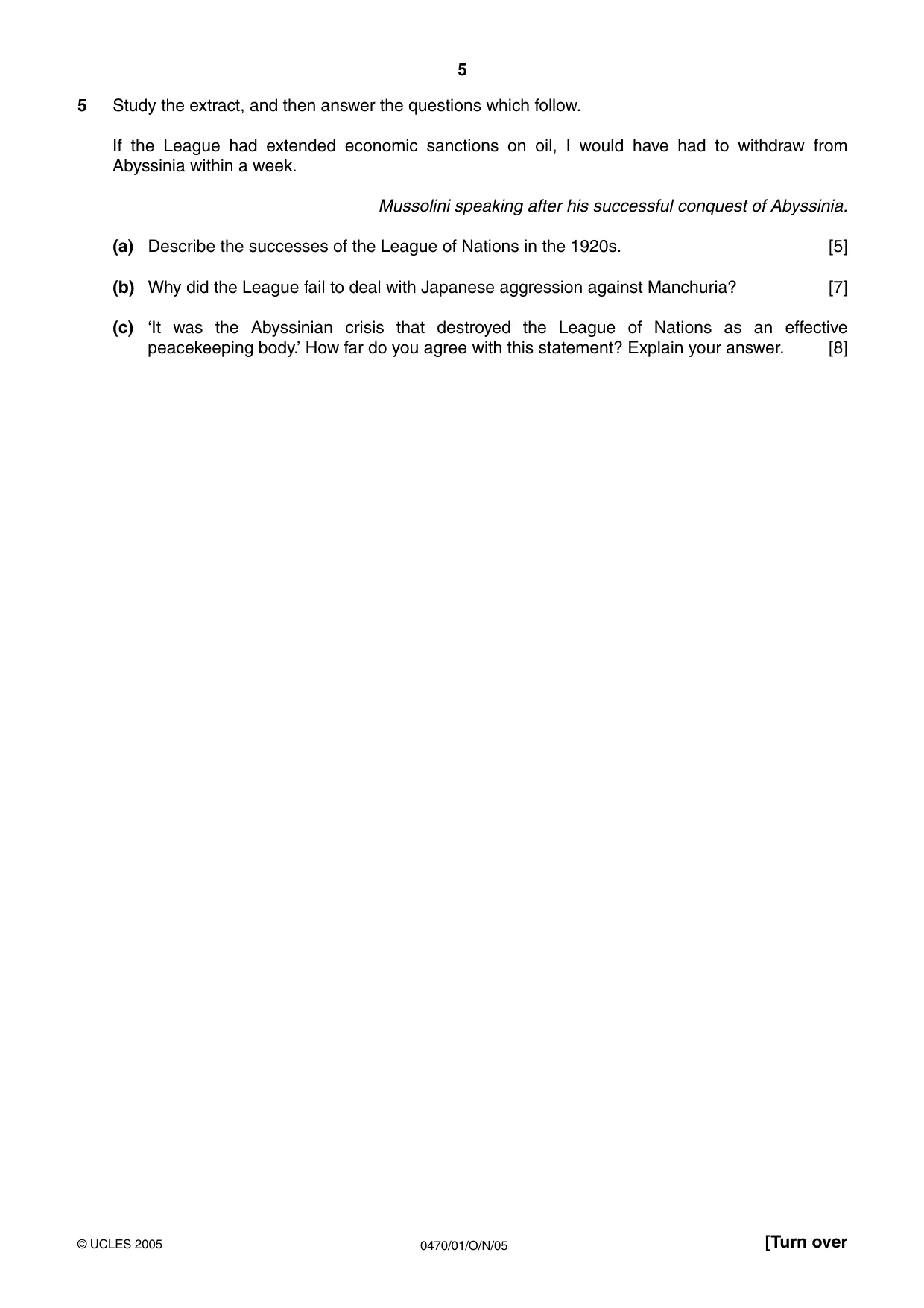 Cambridge IGCSE History 0470 2005 Oct/Nov Paper 1 · Variant 1 question paper, page 5 of 28