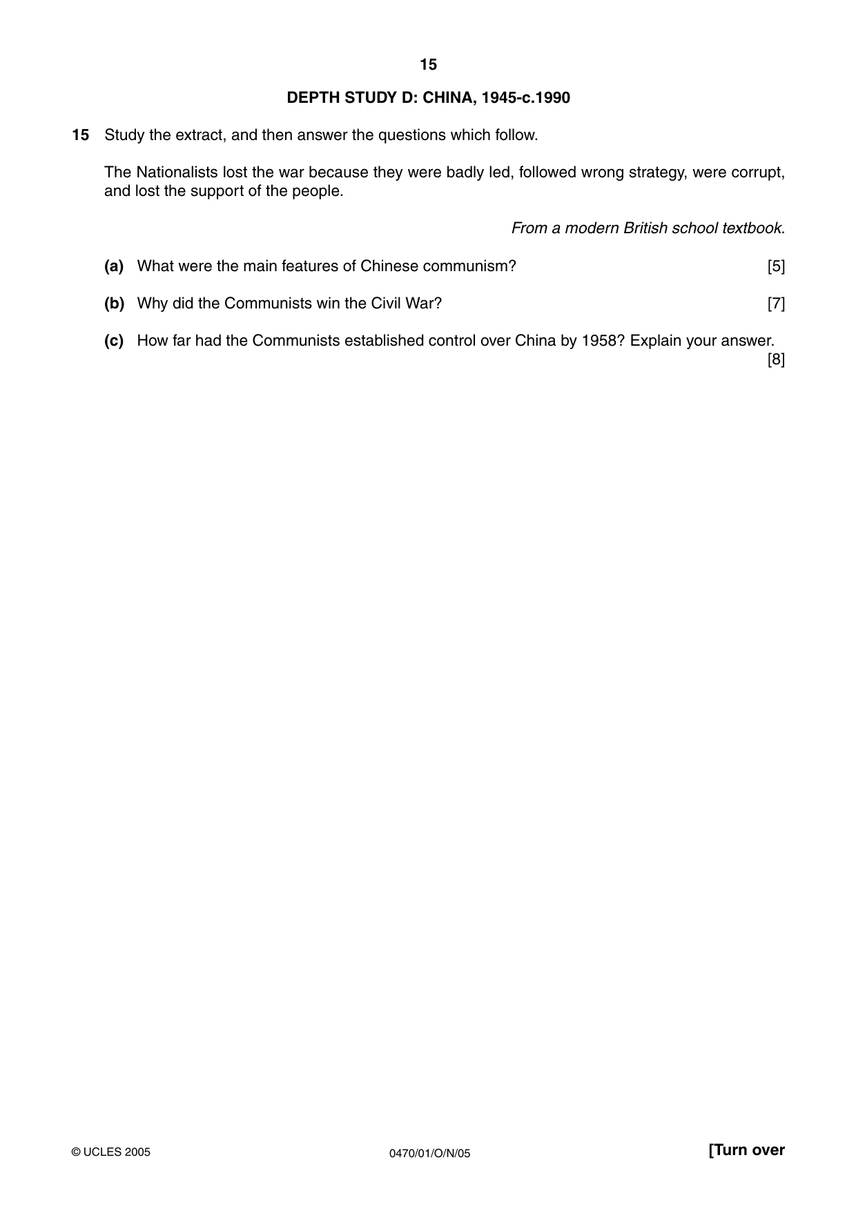 Cambridge IGCSE History 0470 2005 Oct/Nov Paper 1 · Variant 1 question paper, page 15 of 28