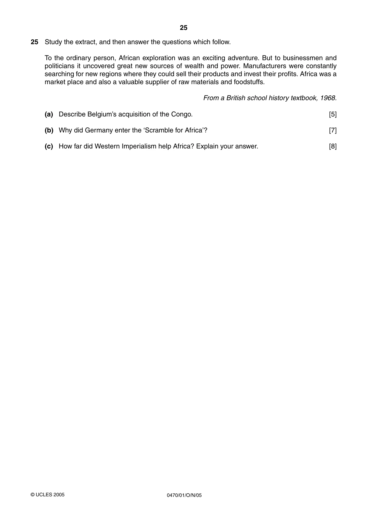 Cambridge IGCSE History 0470 2005 Oct/Nov Paper 1 · Variant 1 question paper, page 25 of 28