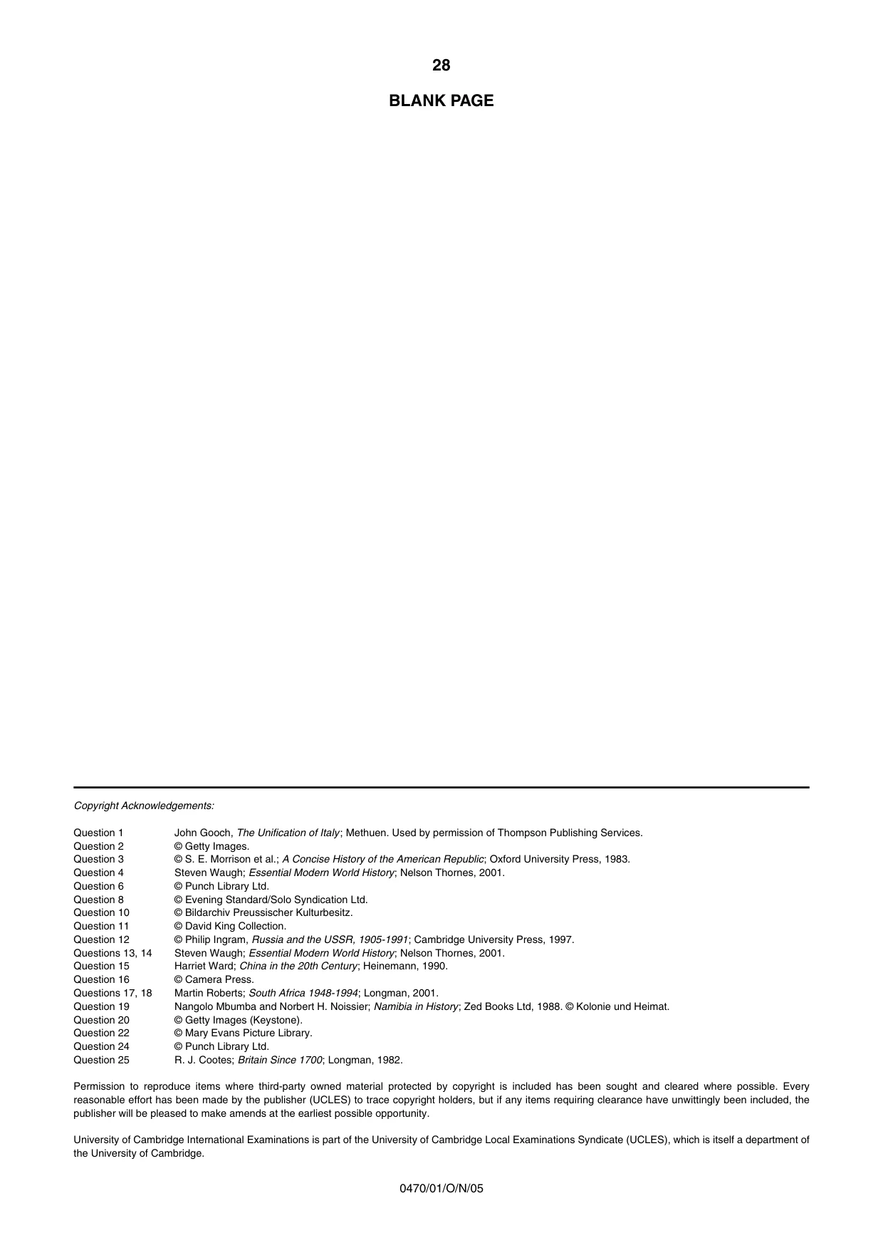 Cambridge IGCSE History 0470 2005 Oct/Nov Paper 1 · Variant 1 question paper, page 28 of 28