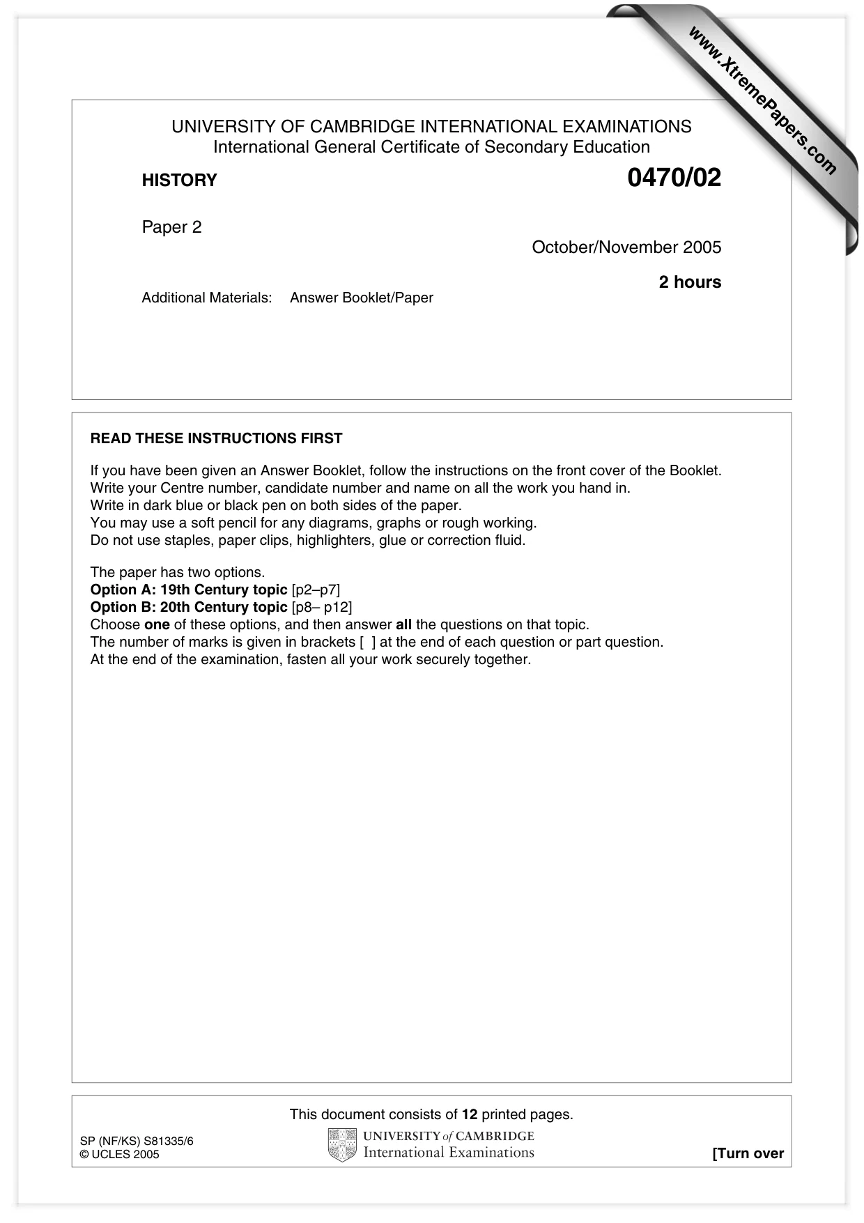 Cambridge IGCSE History 0470 2005 Oct/Nov Paper 2 · Variant 1 question paper, page 1 of 12