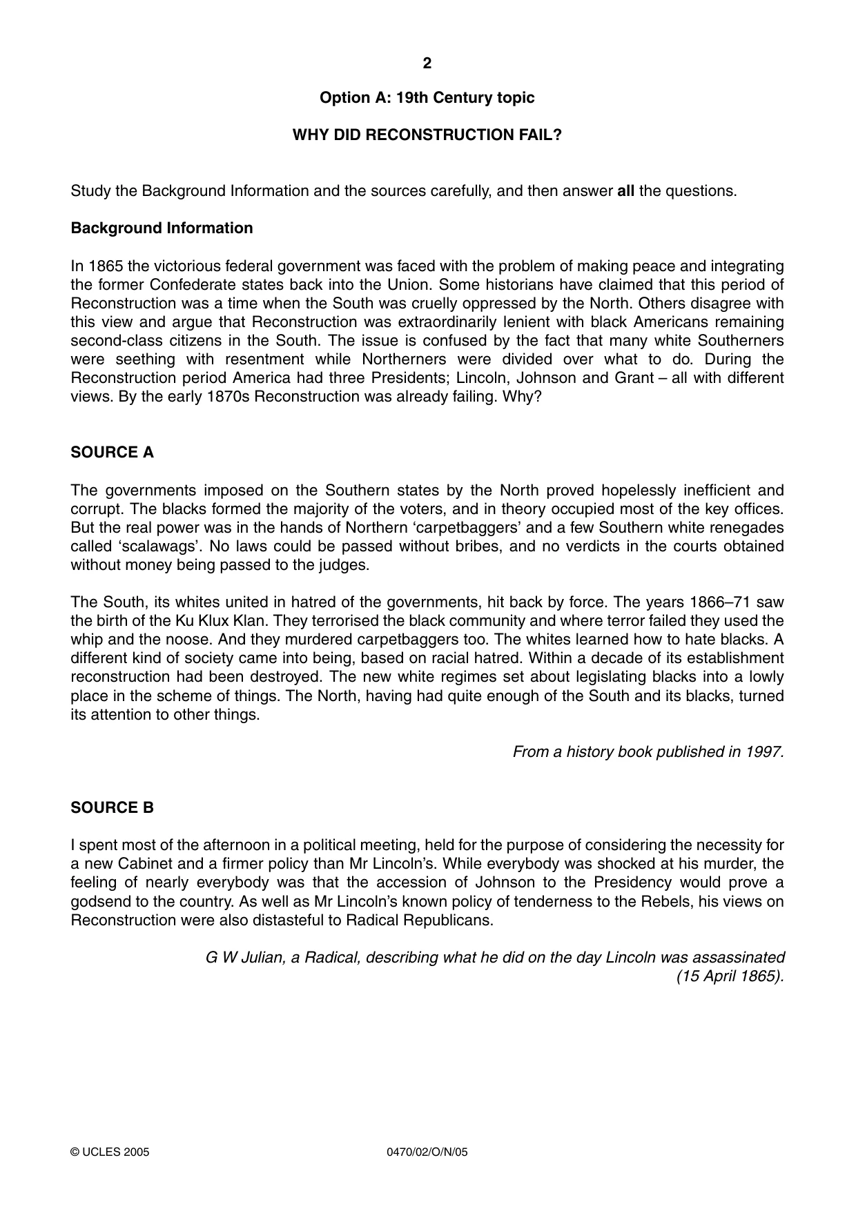 Cambridge IGCSE History 0470 2005 Oct/Nov Paper 2 · Variant 1 question paper, page 2 of 12