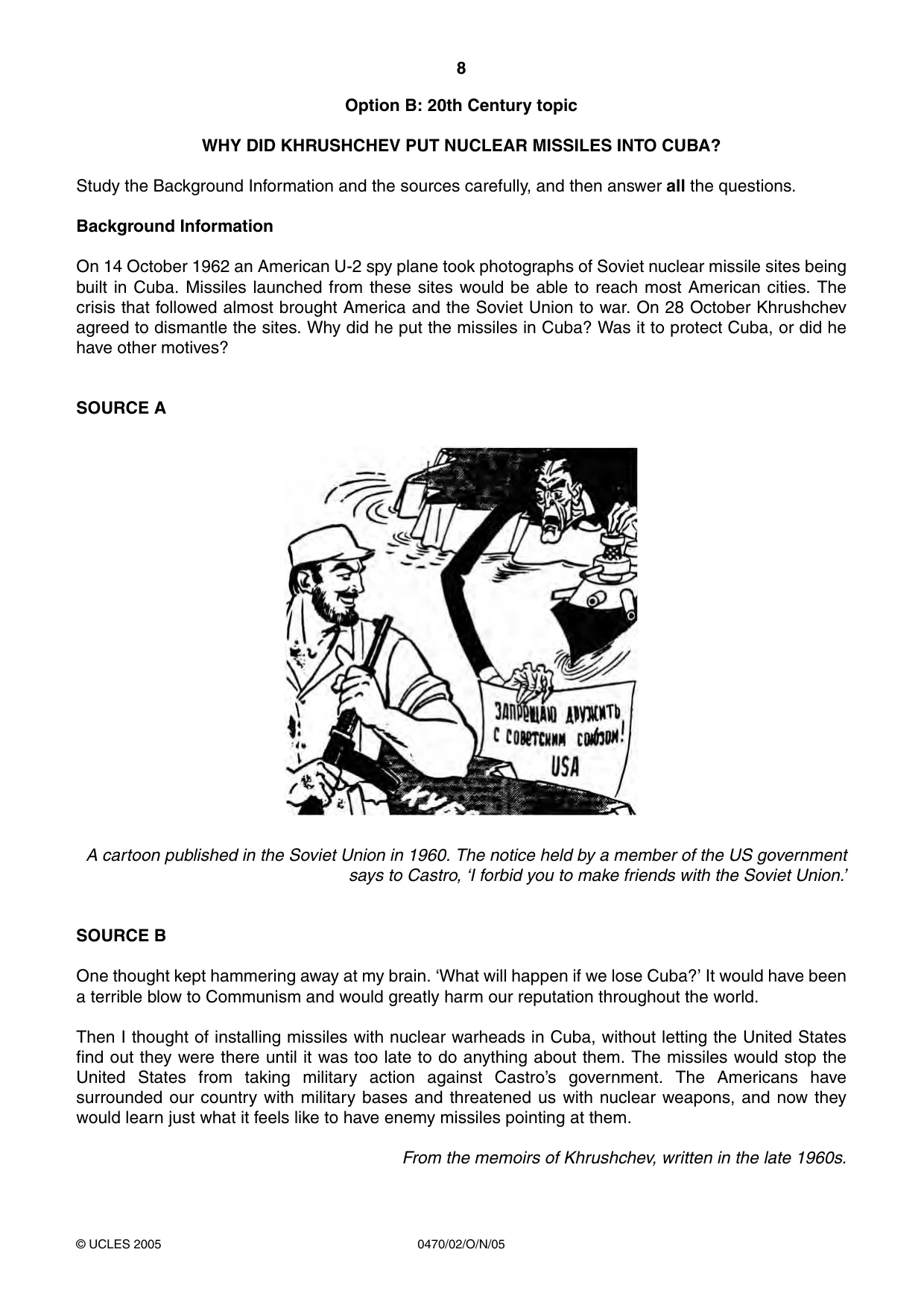 Cambridge IGCSE History 0470 2005 Oct/Nov Paper 2 · Variant 1 question paper, page 8 of 12