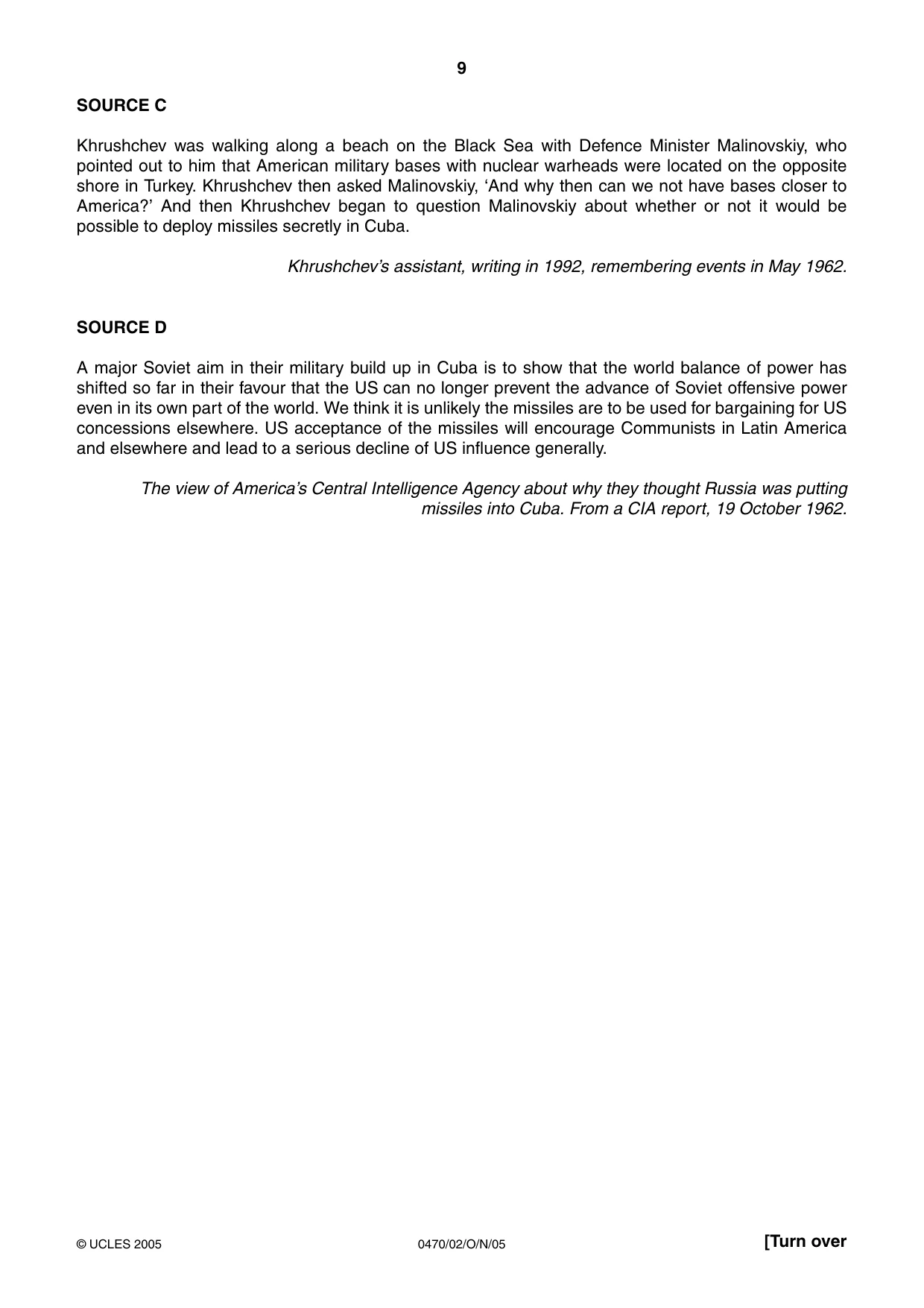 Cambridge IGCSE History 0470 2005 Oct/Nov Paper 2 · Variant 1 question paper, page 9 of 12