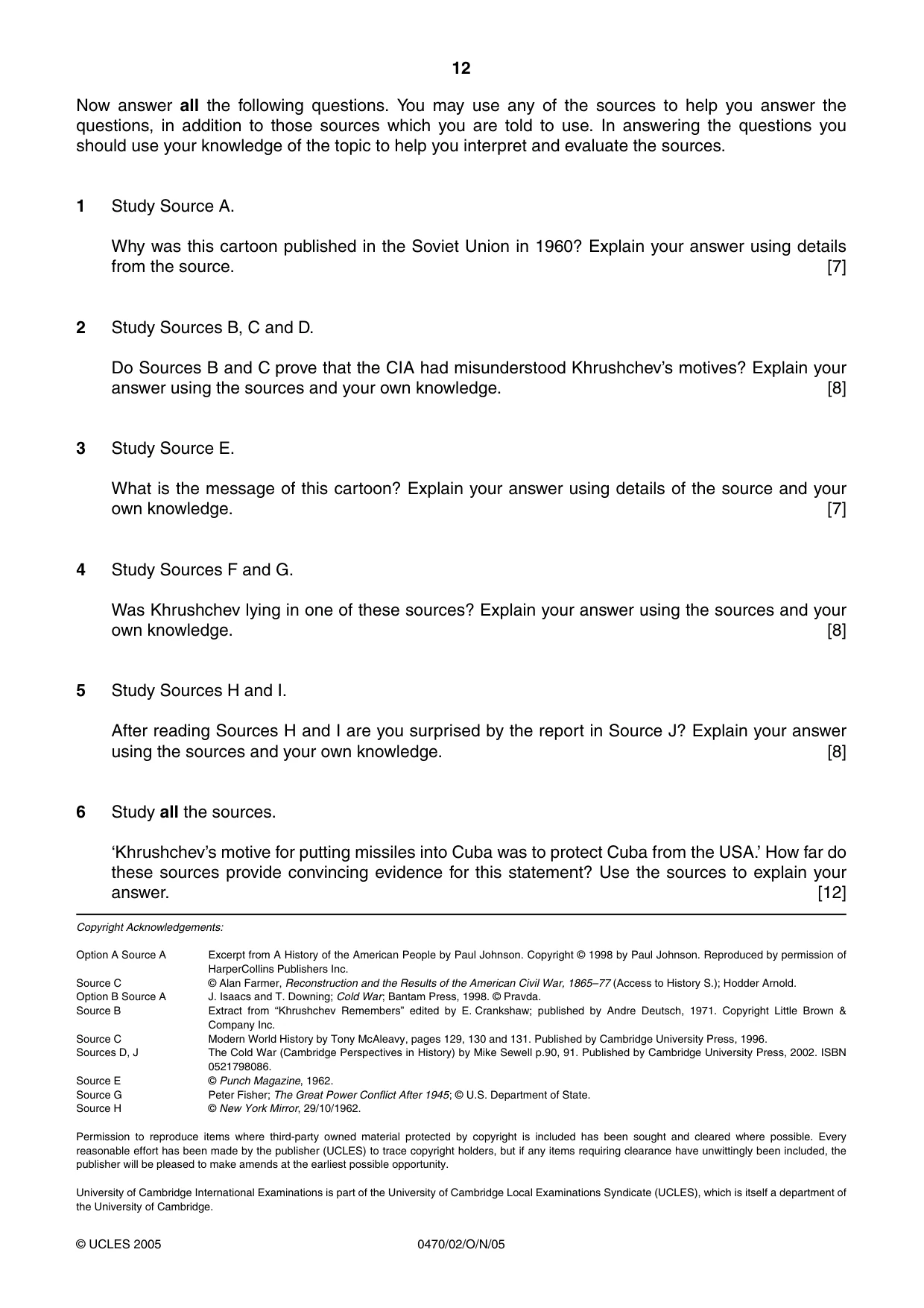 Cambridge IGCSE History 0470 2005 Oct/Nov Paper 2 · Variant 1 question paper, page 12 of 12