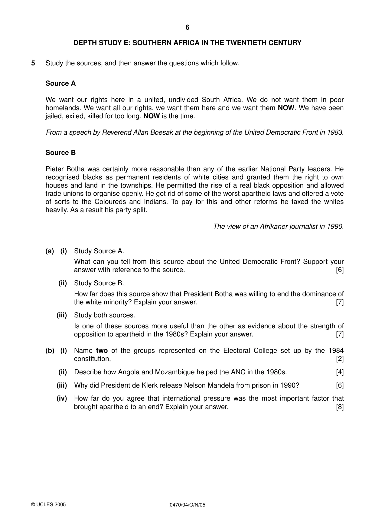 Cambridge IGCSE History 0470 2005 Oct/Nov Paper 4 · Variant 1 question paper, page 6 of 12