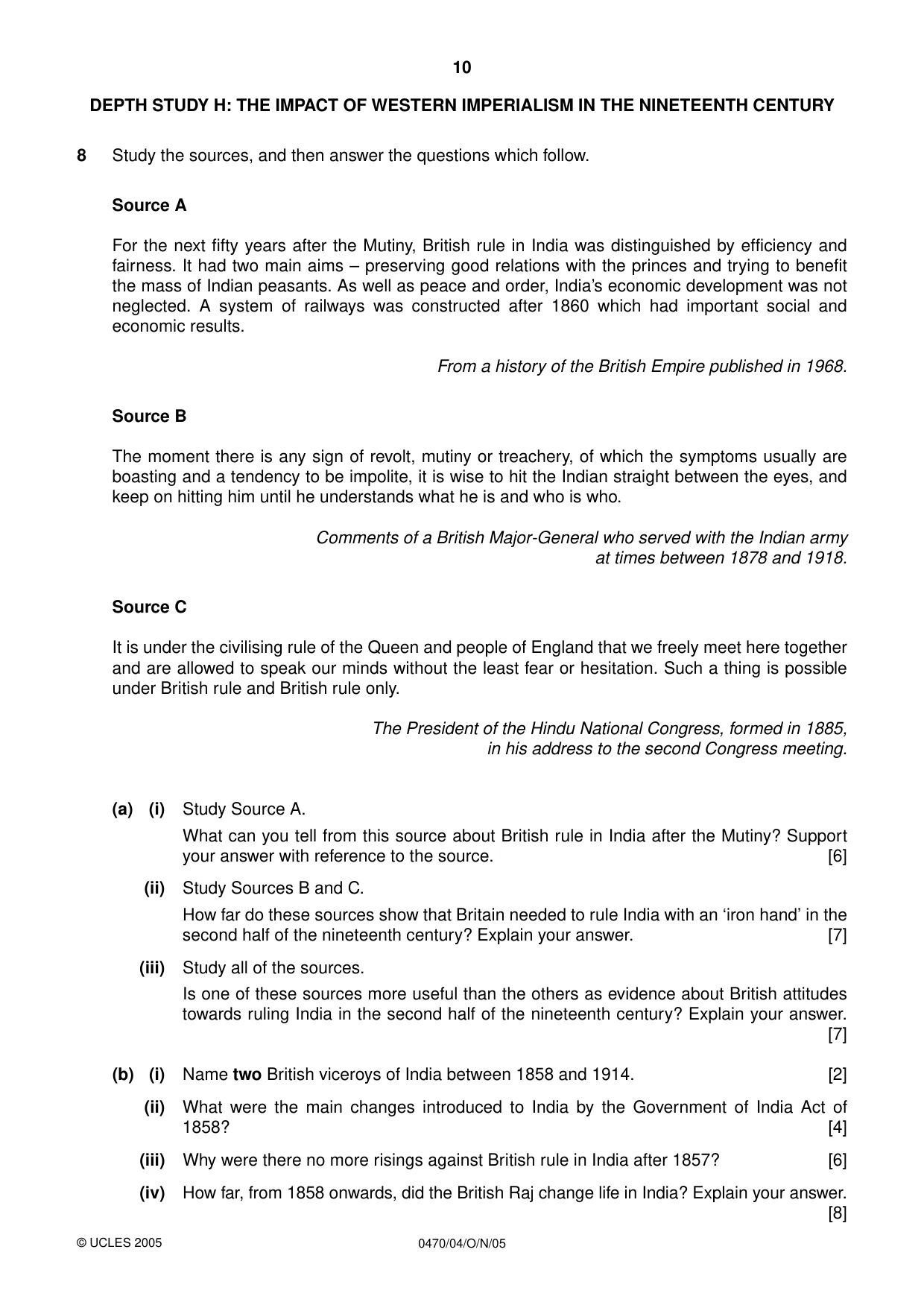 Cambridge IGCSE History 0470 2005 Oct/Nov Paper 4 · Variant 1 question paper, page 10 of 12