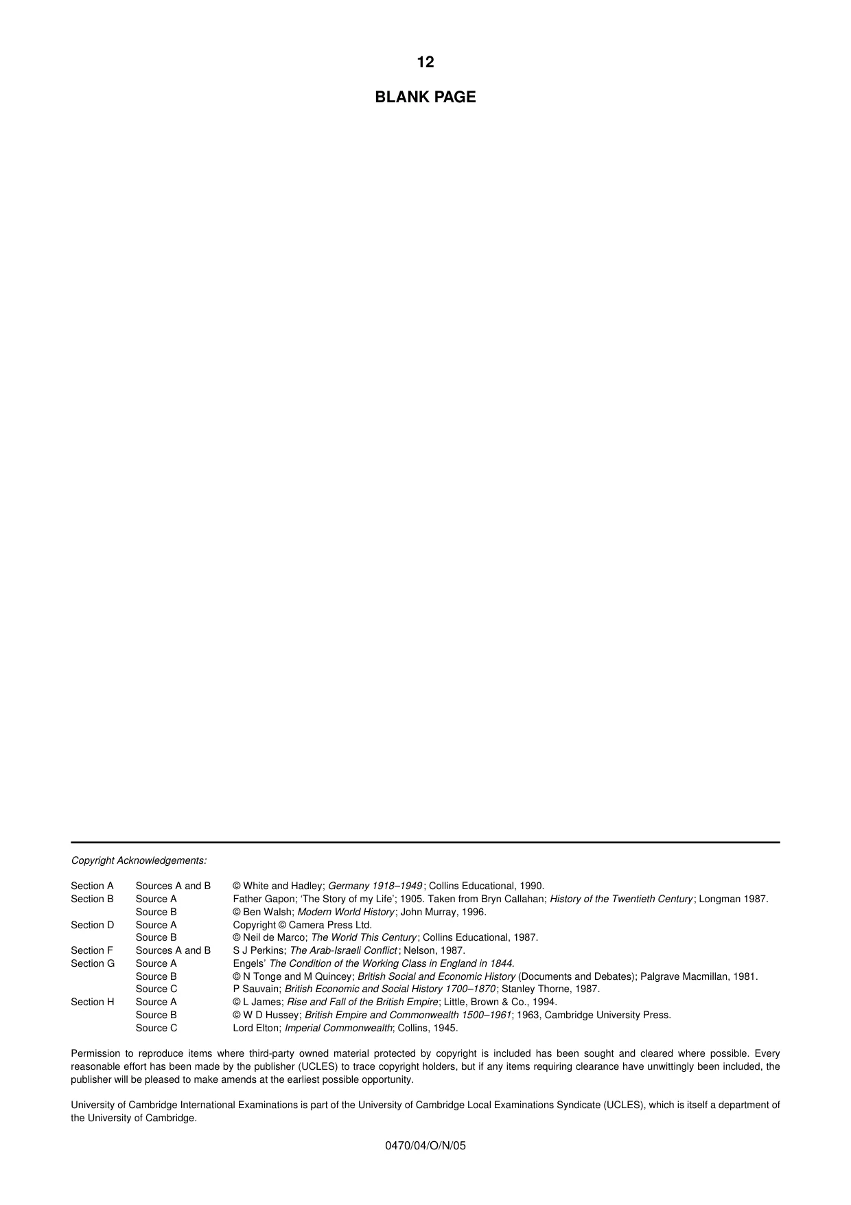 Cambridge IGCSE History 0470 2005 Oct/Nov Paper 4 · Variant 1 question paper, page 12 of 12
