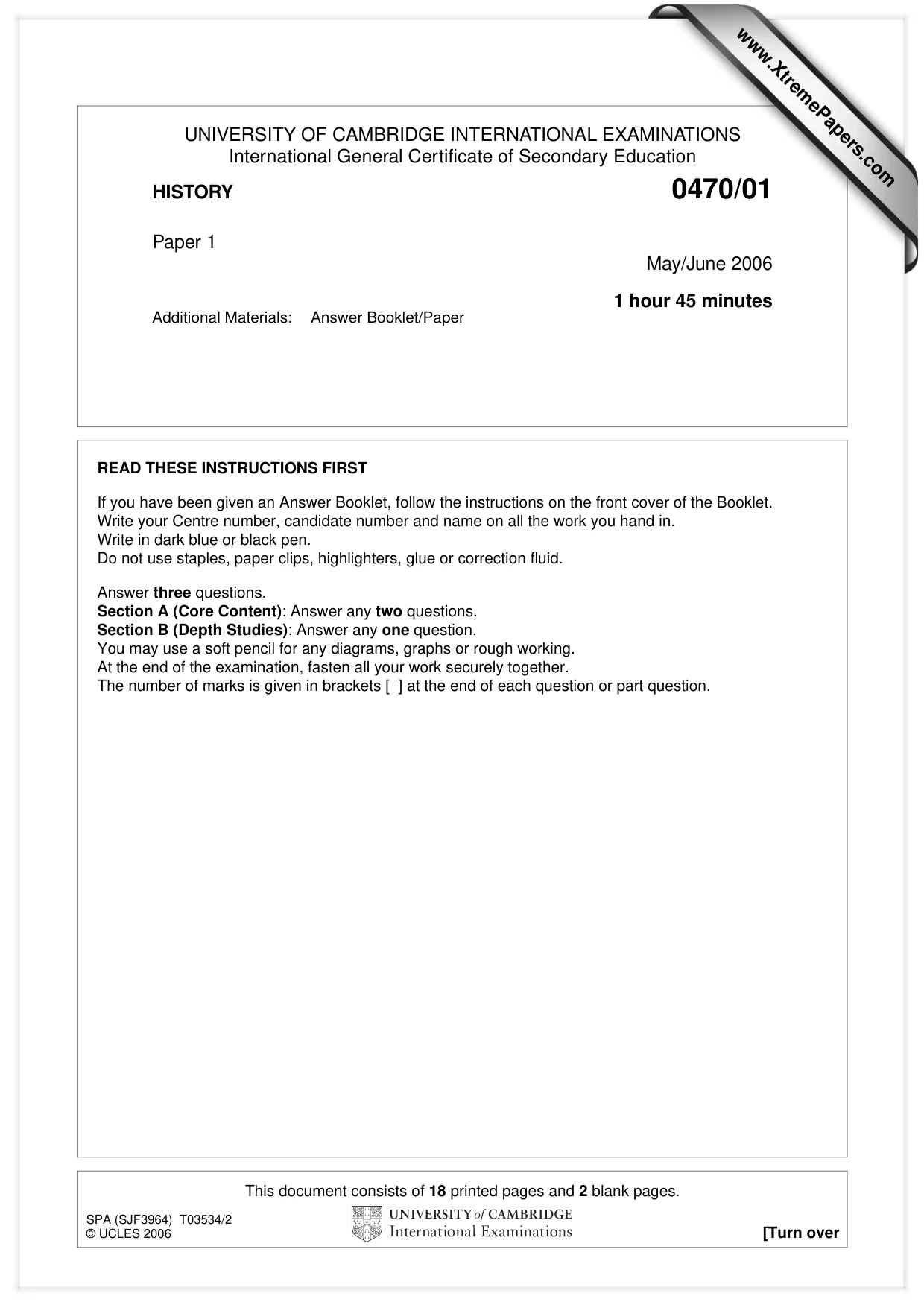 Cambridge IGCSE History 0470 2006 May/June Paper 1 · Variant 1 question paper, page 1 of 20