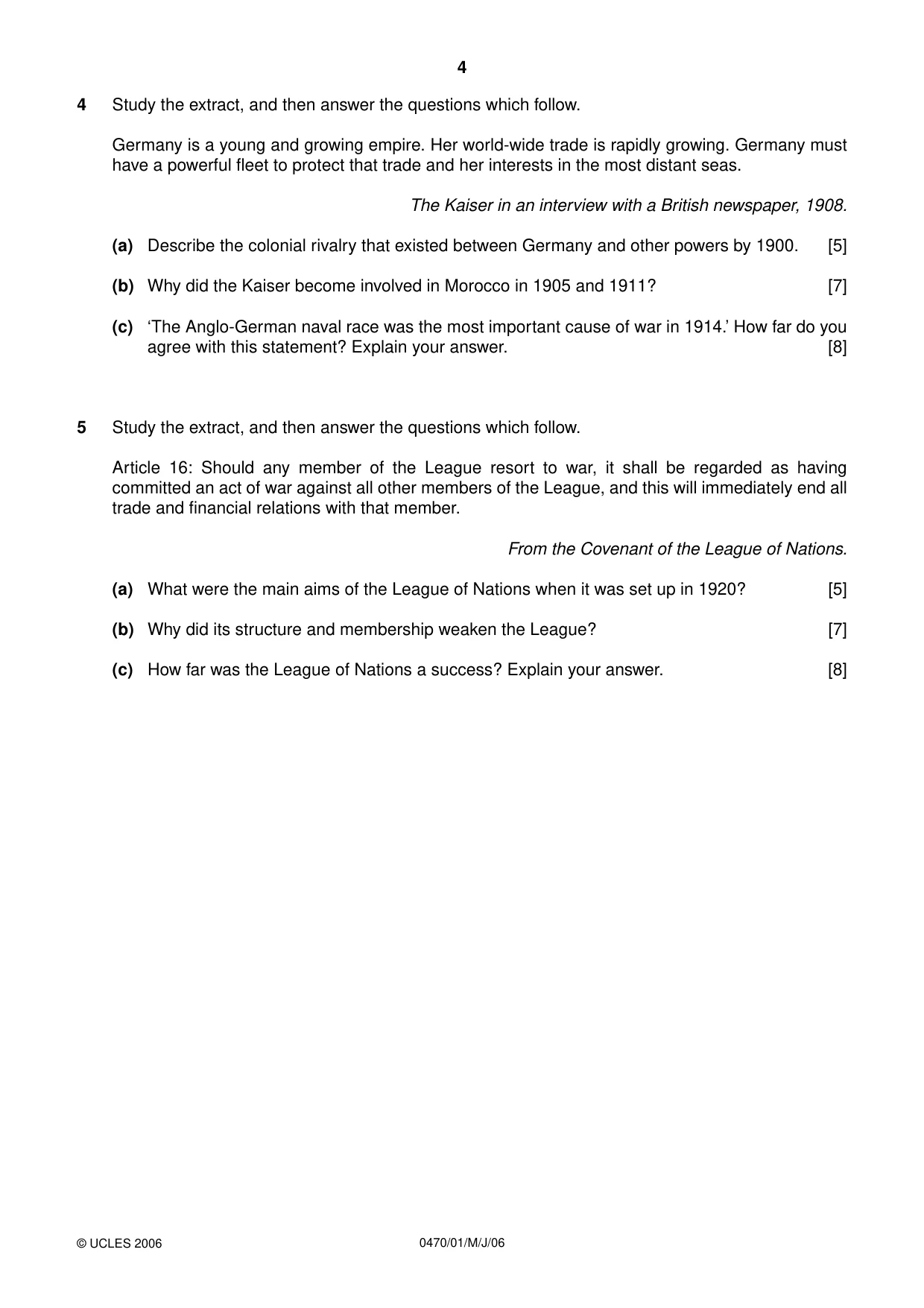 Cambridge IGCSE History 0470 2006 May/June Paper 1 · Variant 1 question paper, page 4 of 20
