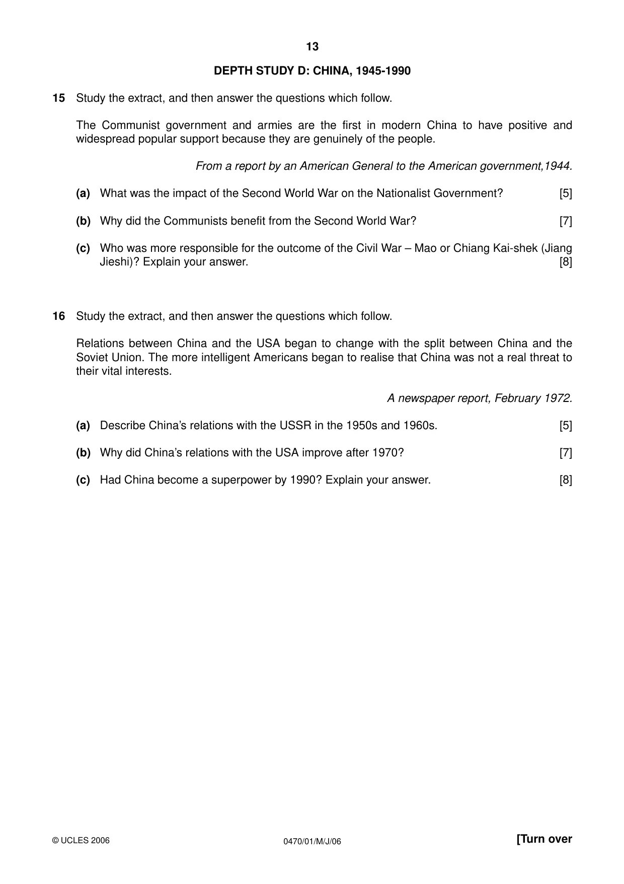 Cambridge IGCSE History 0470 2006 May/June Paper 1 · Variant 1 question paper, page 13 of 20