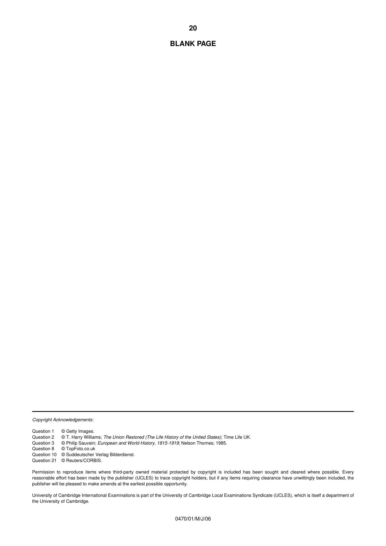 Cambridge IGCSE History 0470 2006 May/June Paper 1 · Variant 1 question paper, page 20 of 20