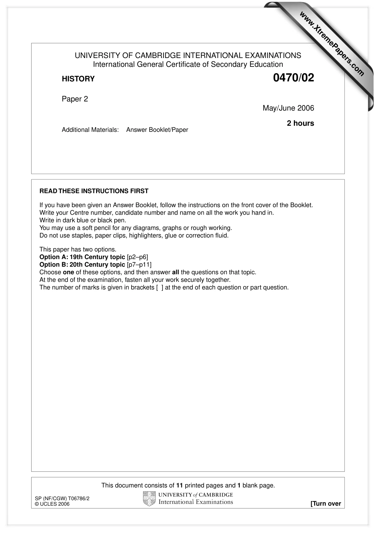 Cambridge IGCSE History 0470 2006 May/June Paper 2 · Variant 1 question paper, page 1 of 12