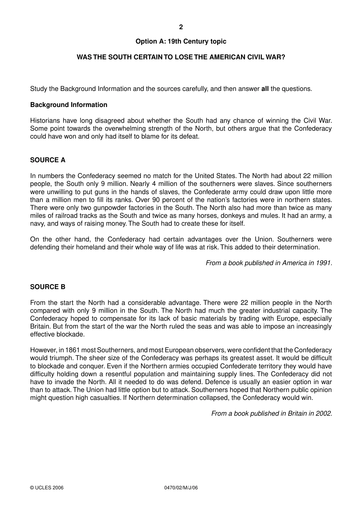 Cambridge IGCSE History 0470 2006 May/June Paper 2 · Variant 1 question paper, page 2 of 12