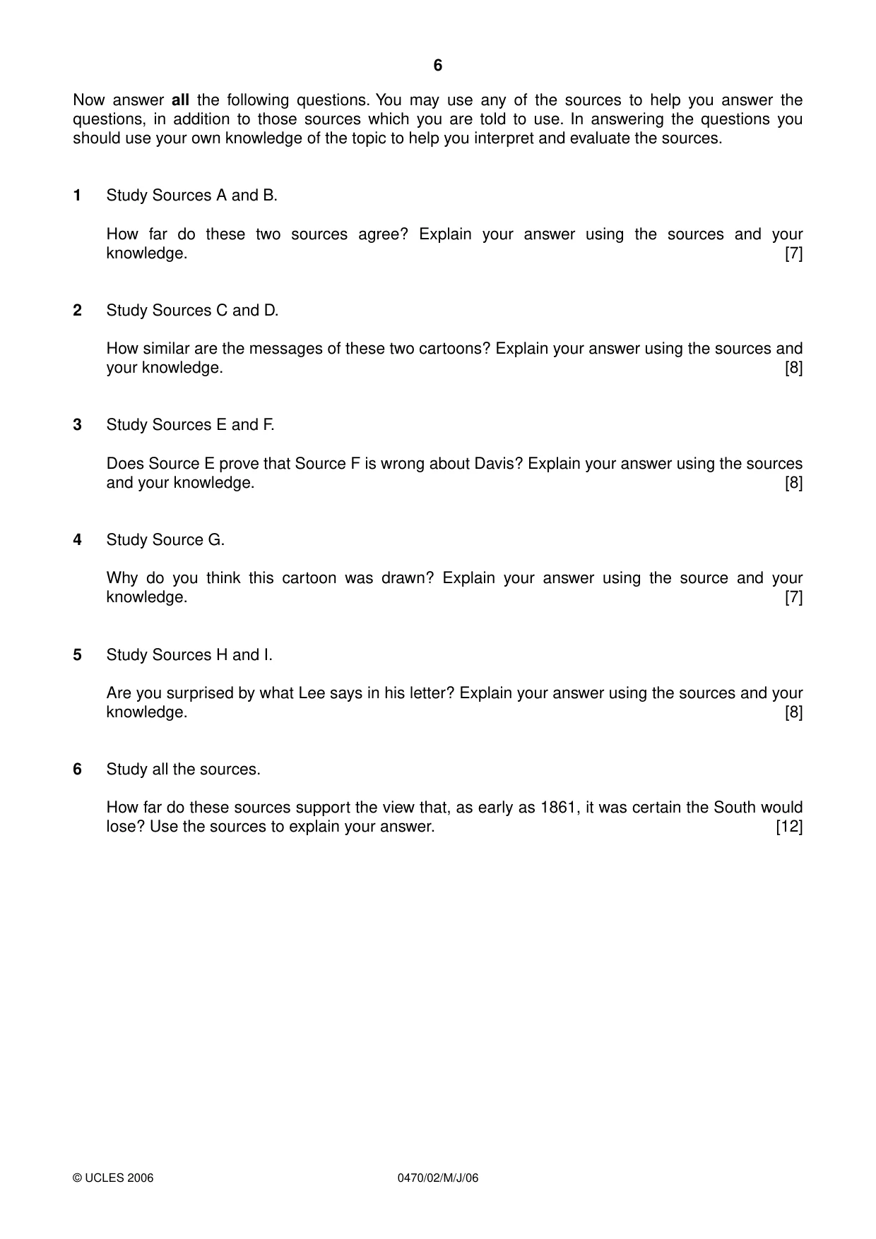 Cambridge IGCSE History 0470 2006 May/June Paper 2 · Variant 1 question paper, page 6 of 12