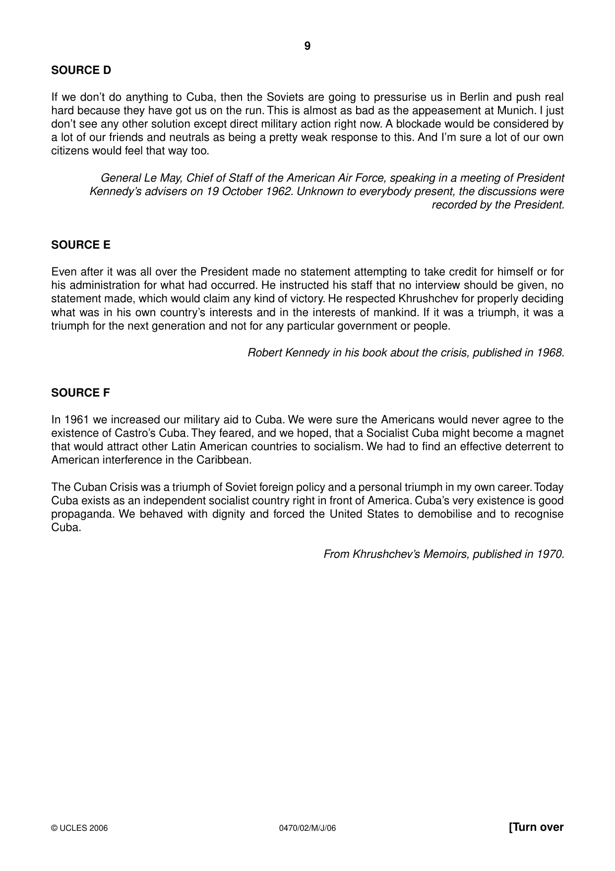 Cambridge IGCSE History 0470 2006 May/June Paper 2 · Variant 1 question paper, page 9 of 12