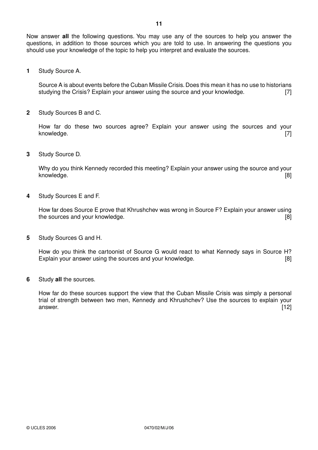 Cambridge IGCSE History 0470 2006 May/June Paper 2 · Variant 1 question paper, page 11 of 12