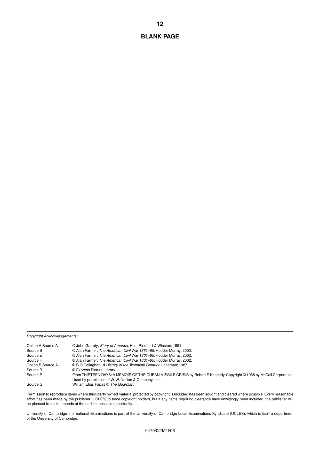 Cambridge IGCSE History 0470 2006 May/June Paper 2 · Variant 1 question paper, page 12 of 12