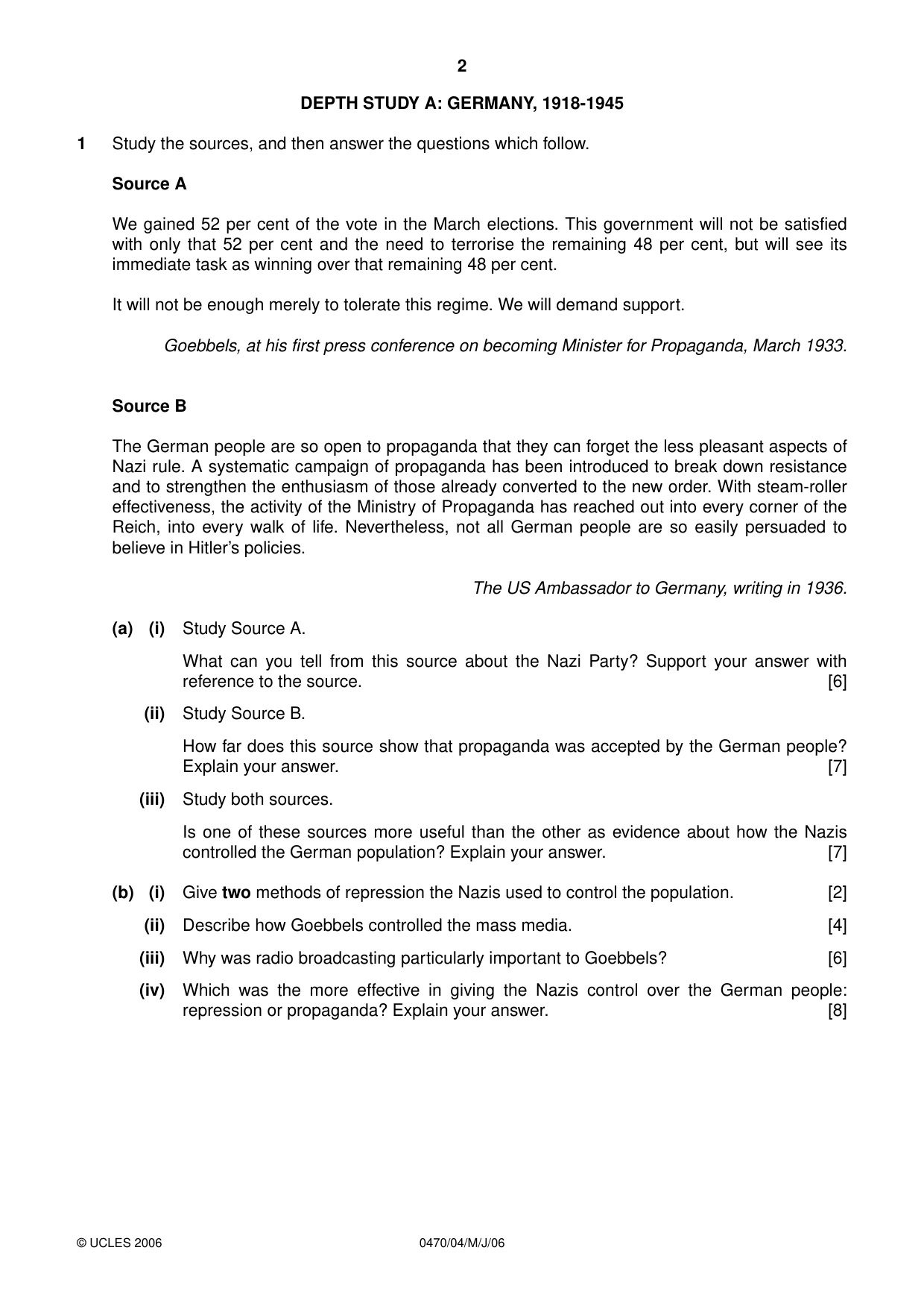 Cambridge IGCSE History 0470 2006 May/June Paper 4 · Variant 1 question paper, page 2 of 12