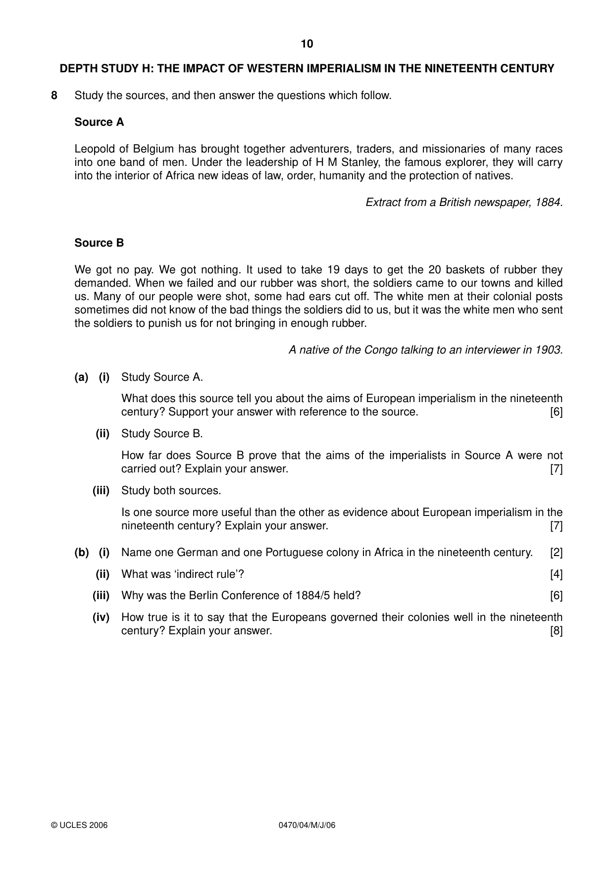 Cambridge IGCSE History 0470 2006 May/June Paper 4 · Variant 1 question paper, page 10 of 12