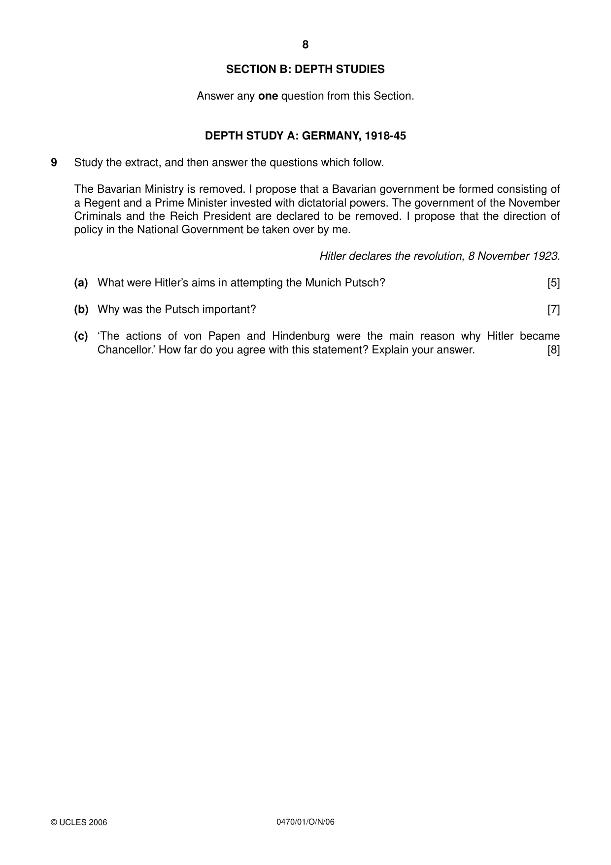 Cambridge IGCSE History 0470 2006 Oct/Nov Paper 1 · Variant 1 question paper, page 8 of 20