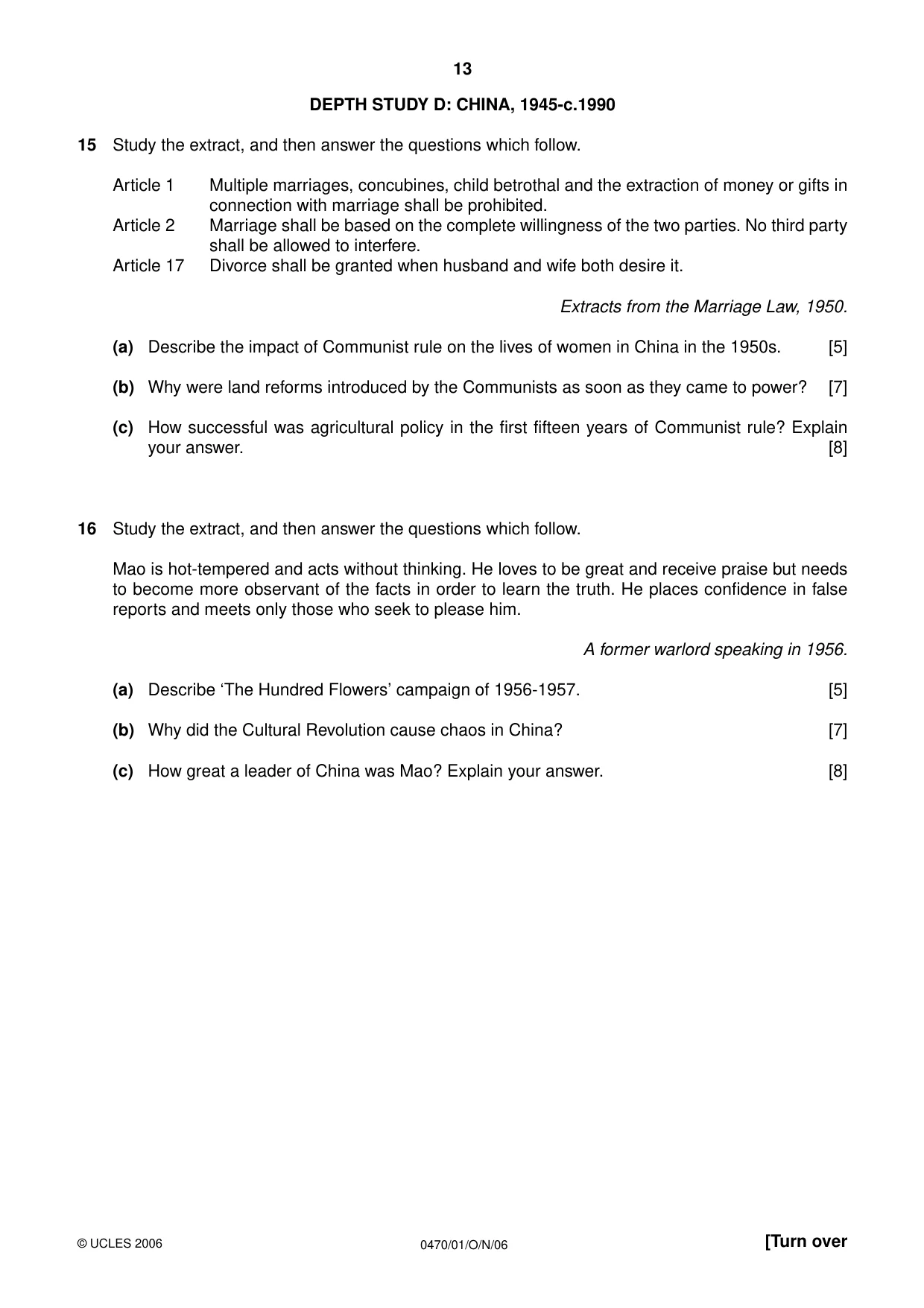 Cambridge IGCSE History 0470 2006 Oct/Nov Paper 1 · Variant 1 question paper, page 13 of 20