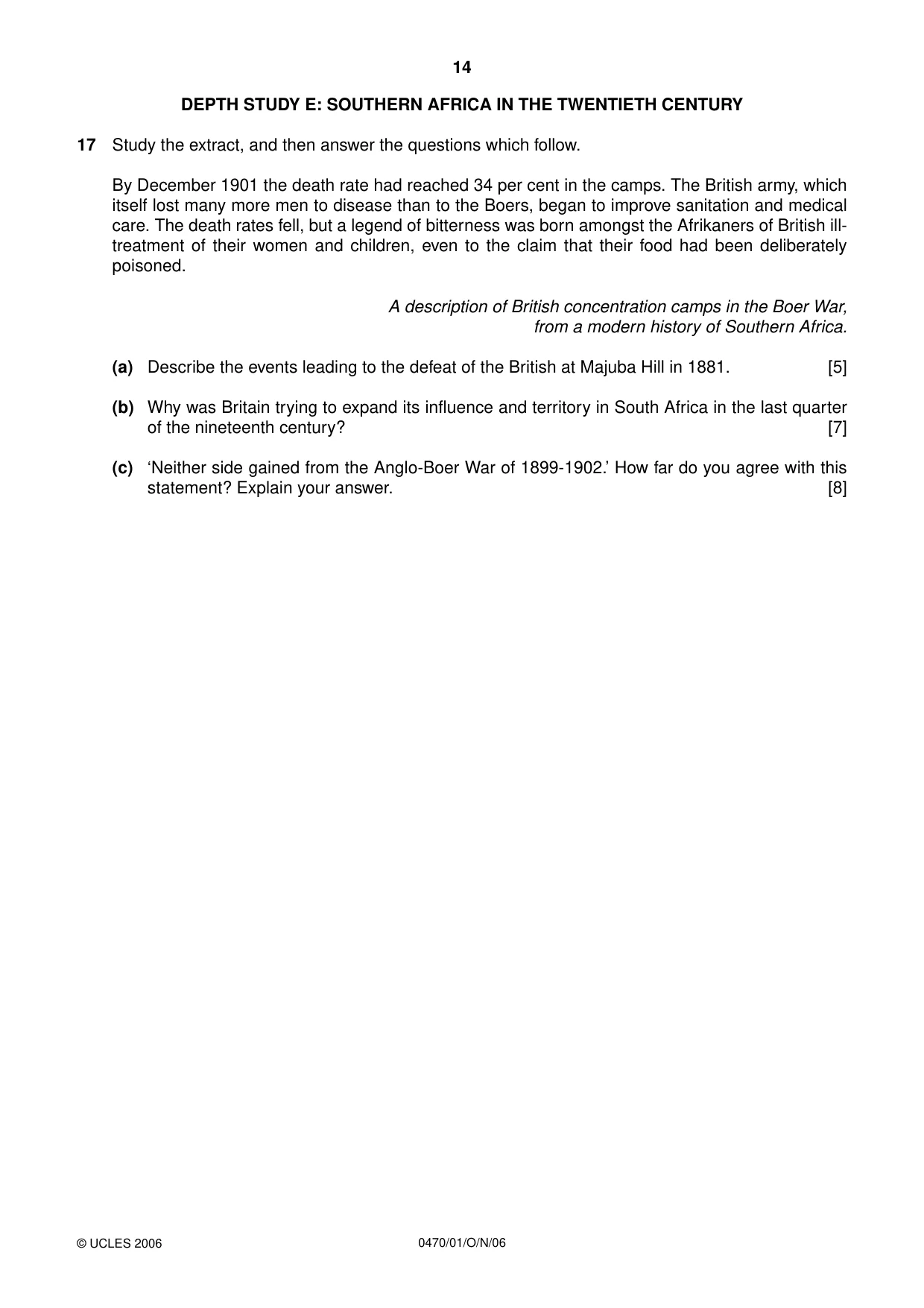 Cambridge IGCSE History 0470 2006 Oct/Nov Paper 1 · Variant 1 question paper, page 14 of 20